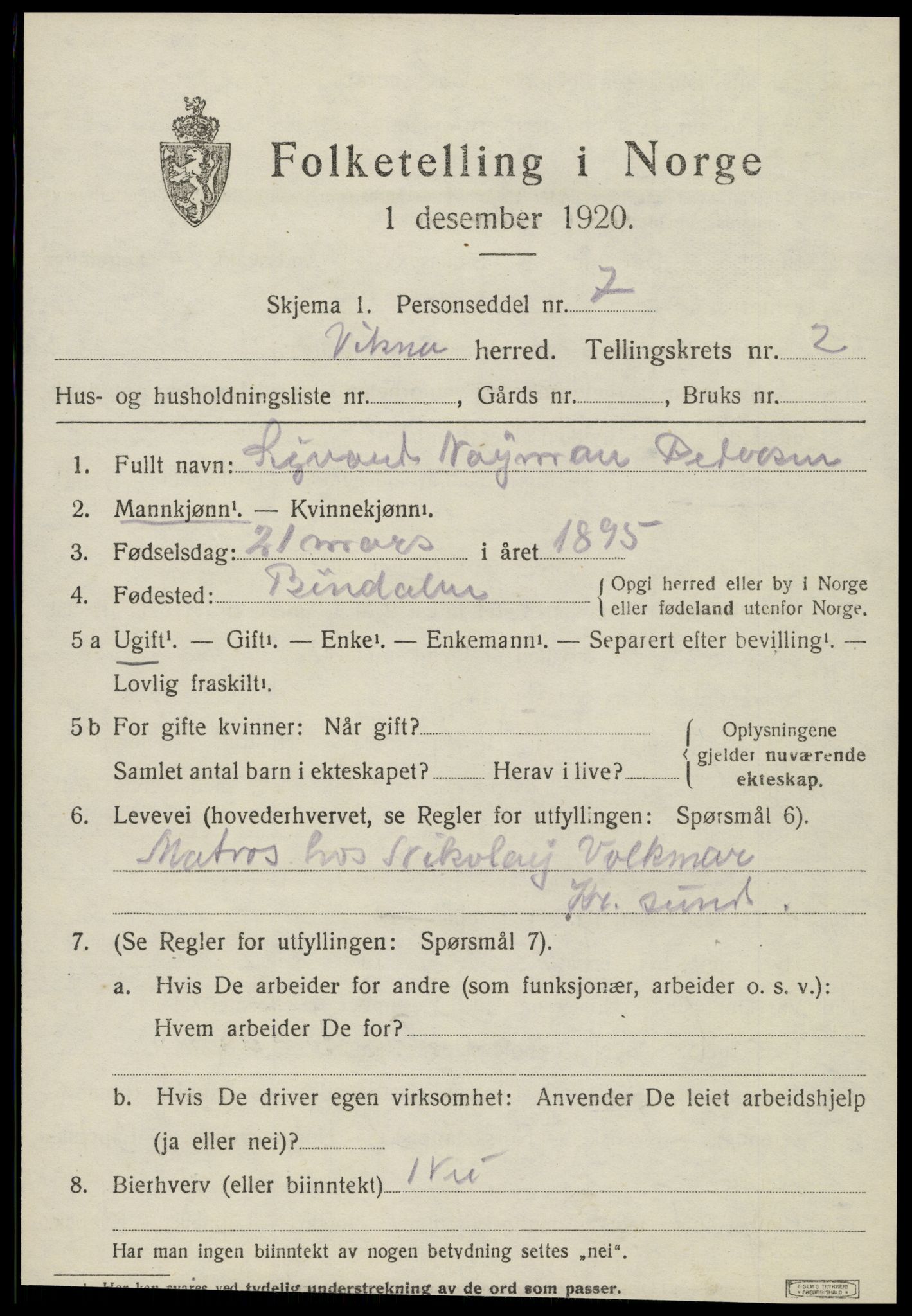 SAT, 1920 census for Vikna, 1920, p. 3255