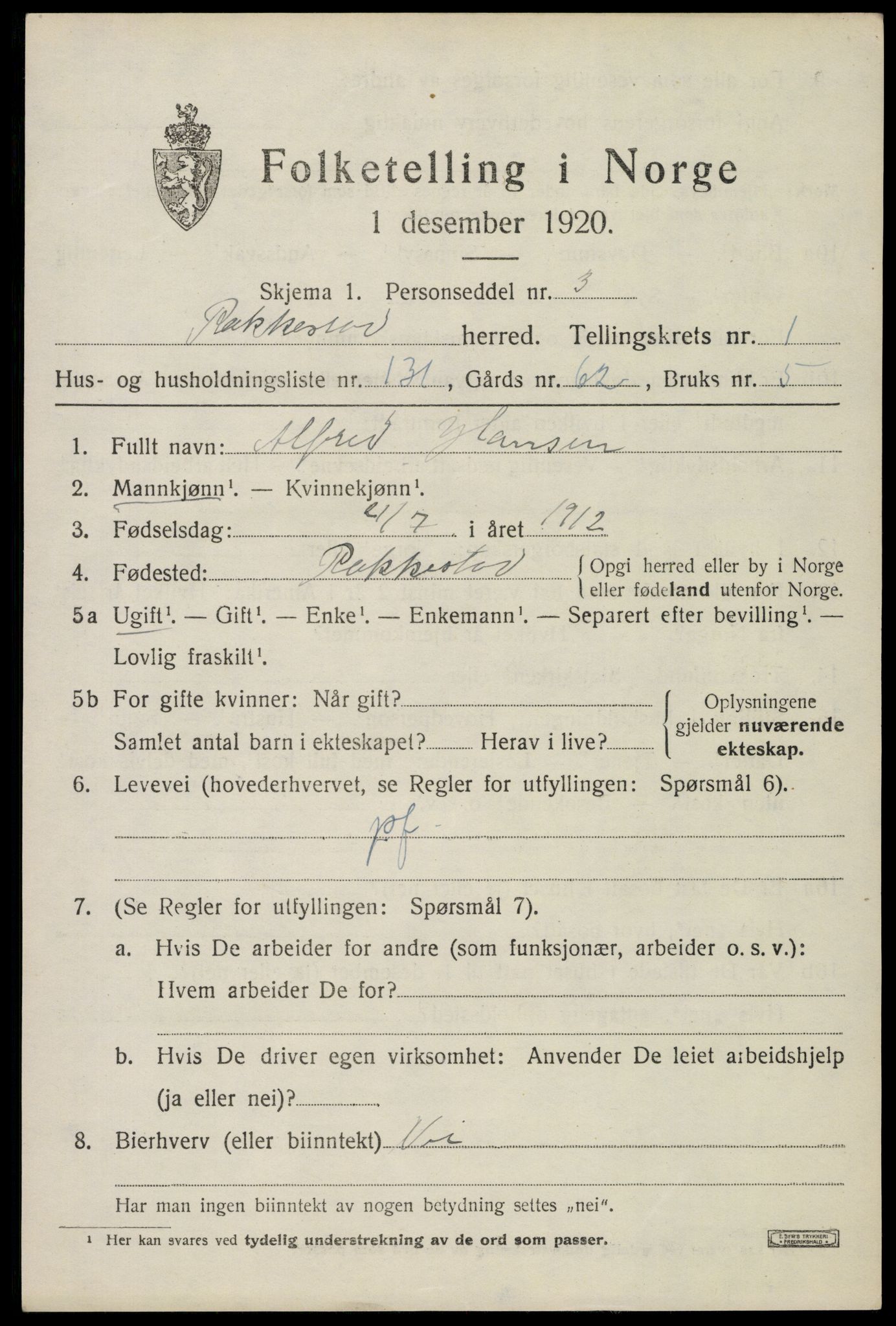 SAO, 1920 census for Rakkestad, 1920, p. 3367