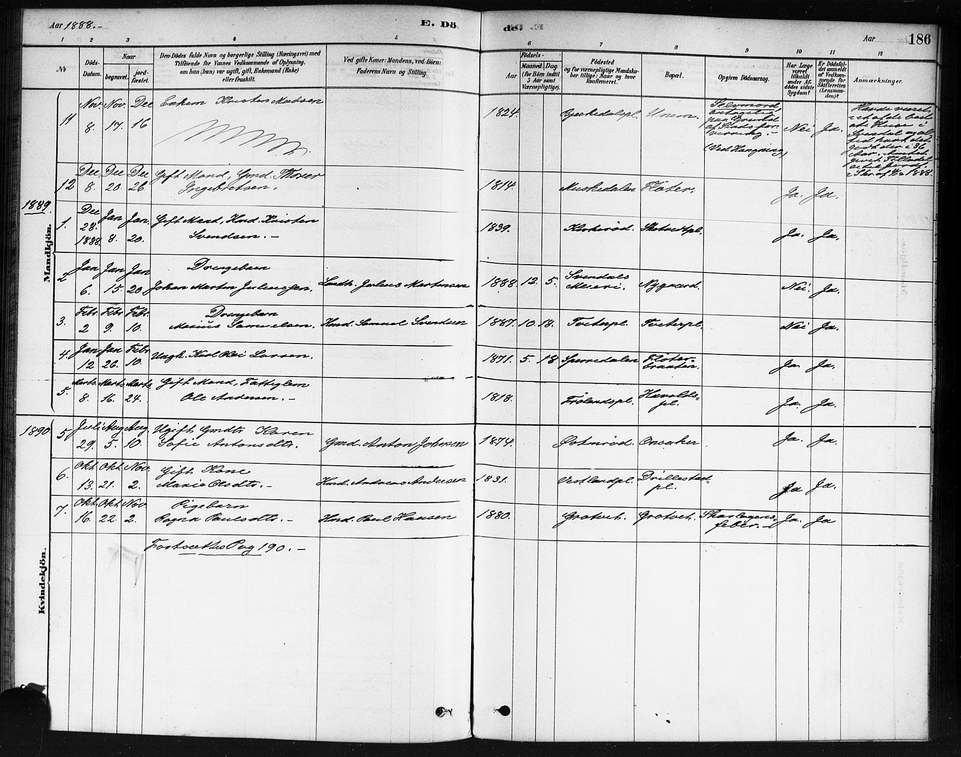 Våler prestekontor Kirkebøker, SAO/A-11083/F/Fb/L0001: Parish register (official) no. II 1, 1878-1896, p. 186