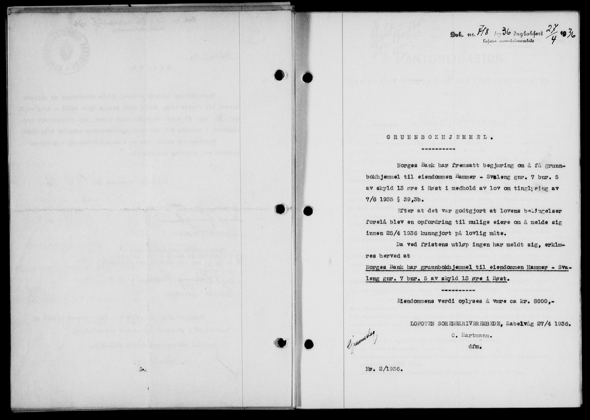Lofoten sorenskriveri, SAT/A-0017/1/2/2C/L0033b: Mortgage book no. 33b, 1936-1936, Diary no: : 718/1936