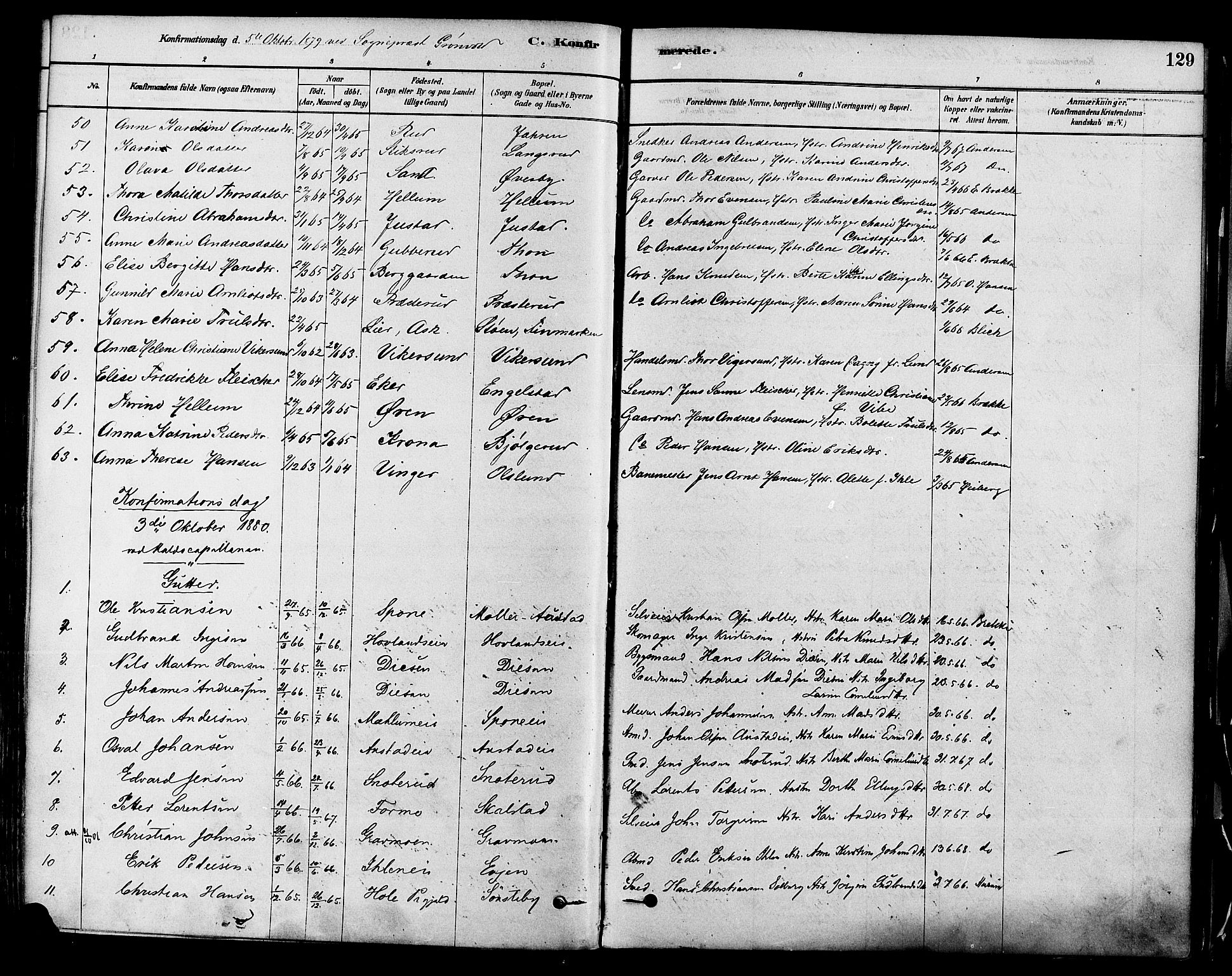 Modum kirkebøker, AV/SAKO-A-234/F/Fa/L0011: Parish register (official) no. 11, 1877-1889, p. 129