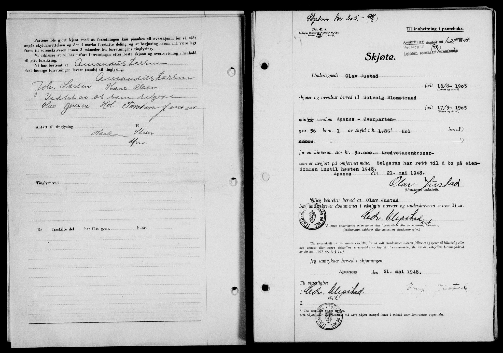 Lofoten sorenskriveri, SAT/A-0017/1/2/2C/L0018a: Mortgage book no. 18a, 1948-1948, Diary no: : 1028/1948