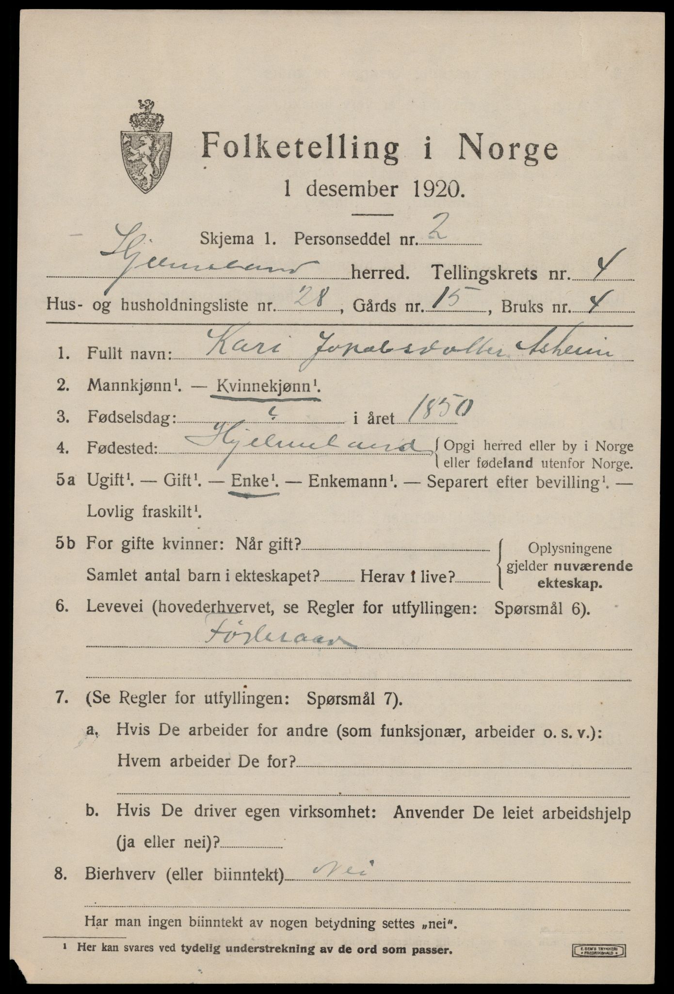 SAST, 1920 census for Hjelmeland, 1920, p. 1799