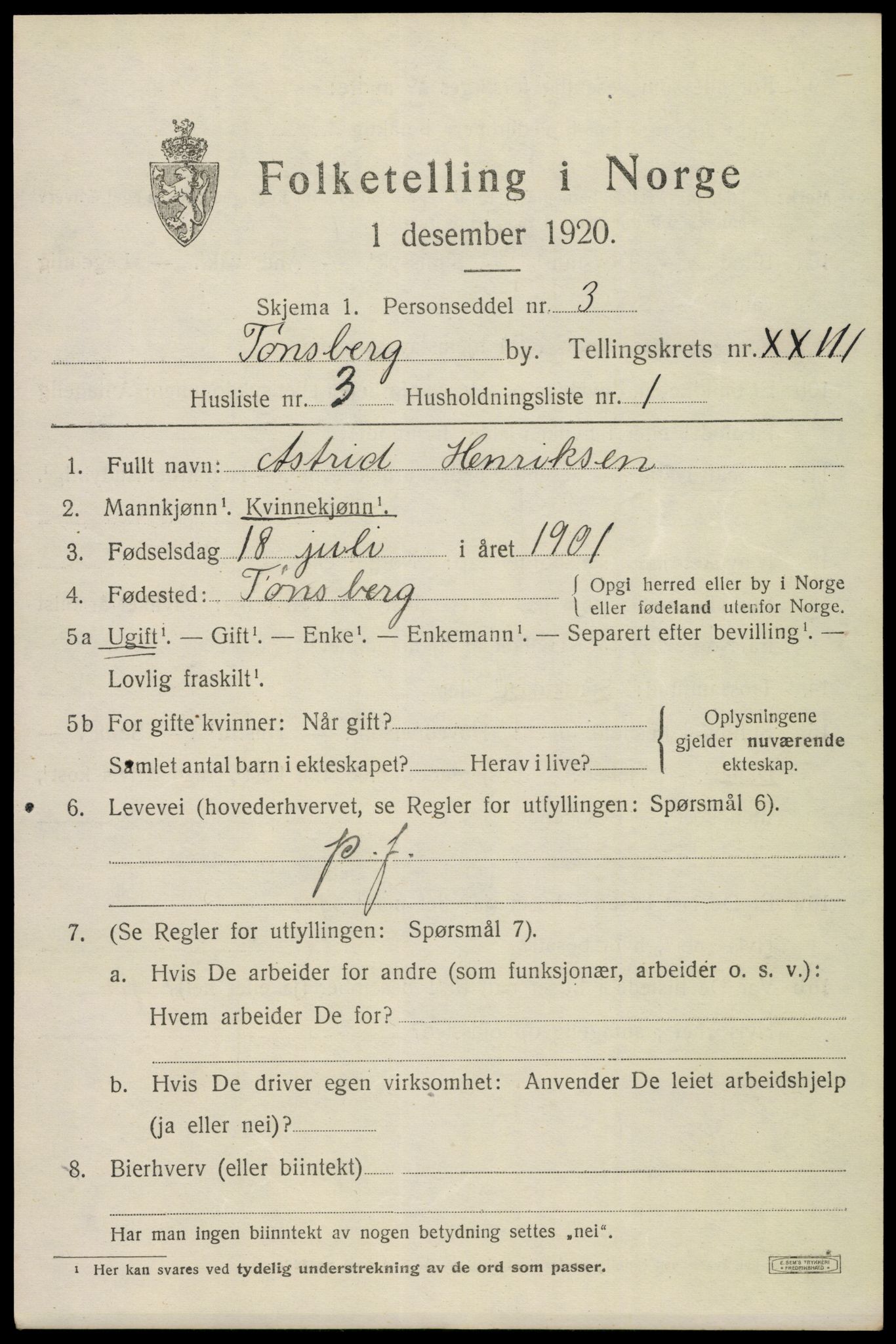 SAKO, 1920 census for Tønsberg, 1920, p. 32381