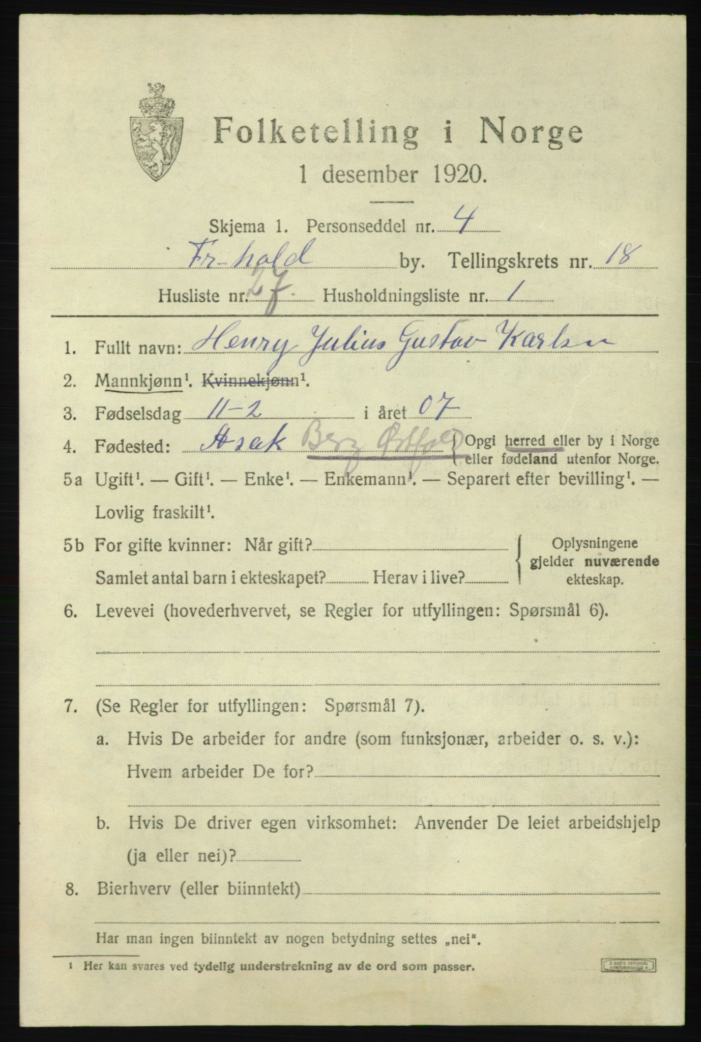 SAO, 1920 census for Fredrikshald, 1920, p. 27947