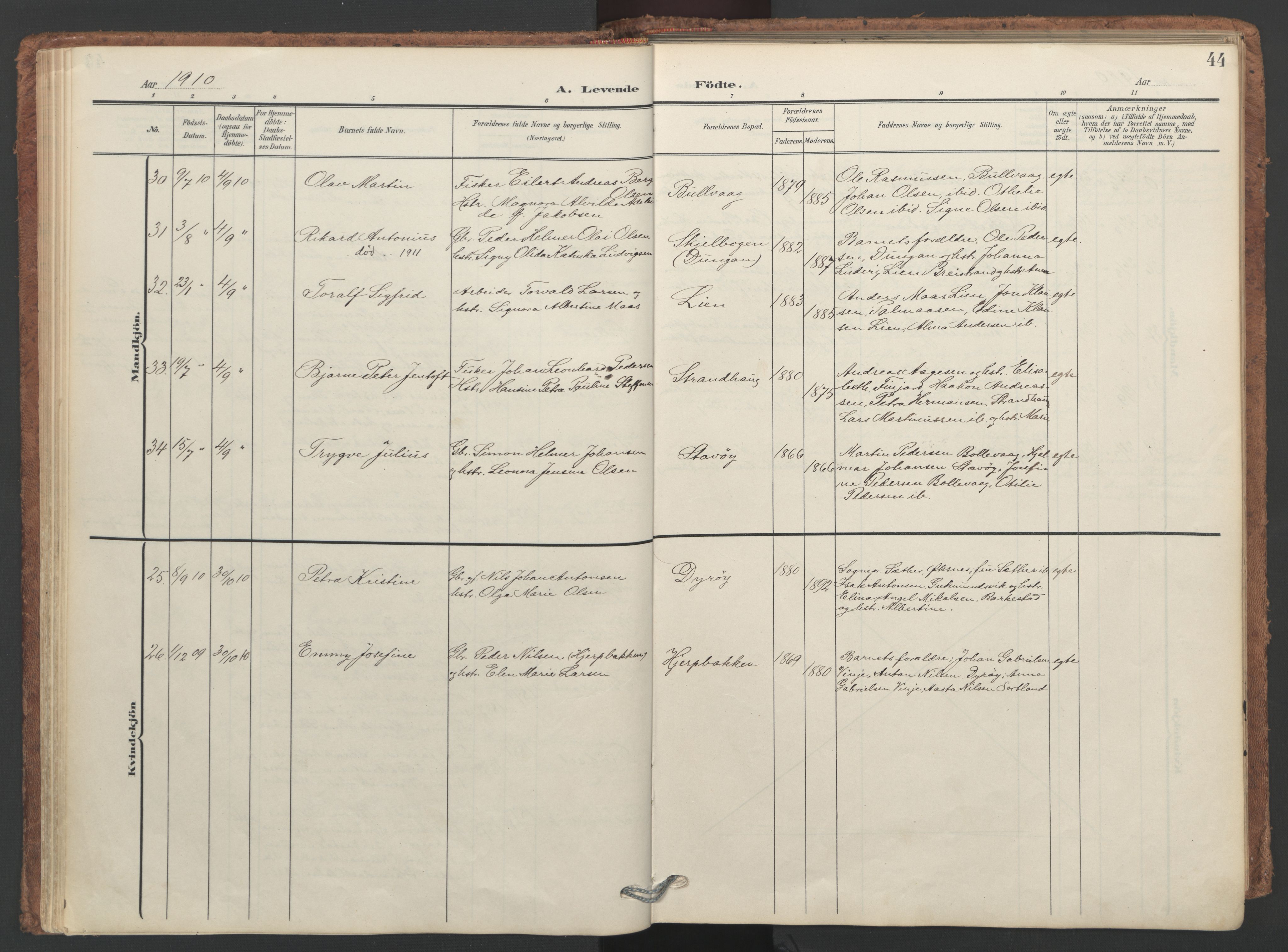 Ministerialprotokoller, klokkerbøker og fødselsregistre - Nordland, SAT/A-1459/893/L1339: Parish register (official) no. 893A11, 1904-1914, p. 44