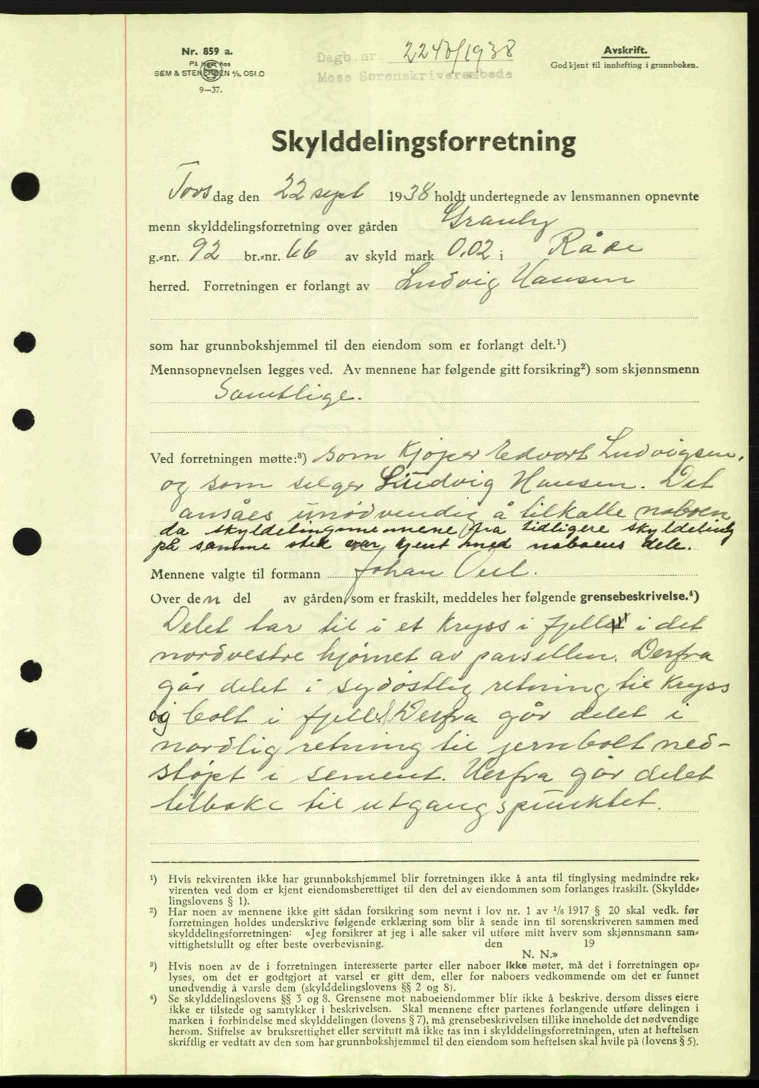 Moss sorenskriveri, SAO/A-10168: Mortgage book no. A5, 1938-1939, Diary no: : 2240/1938