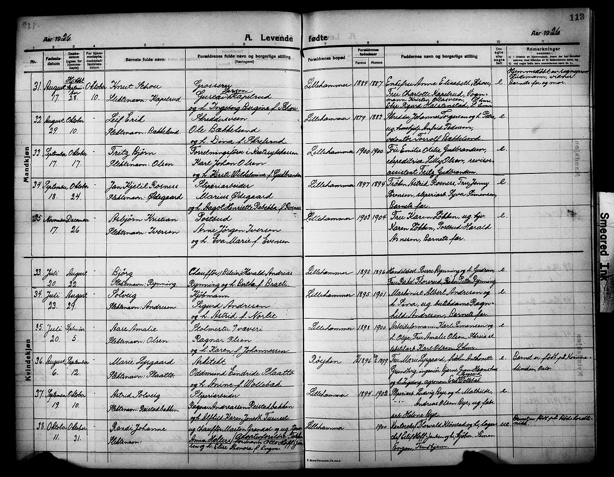 Lillehammer prestekontor, SAH/PREST-088/H/Ha/Hab/L0002: Parish register (copy) no. 2, 1913-1929, p. 113