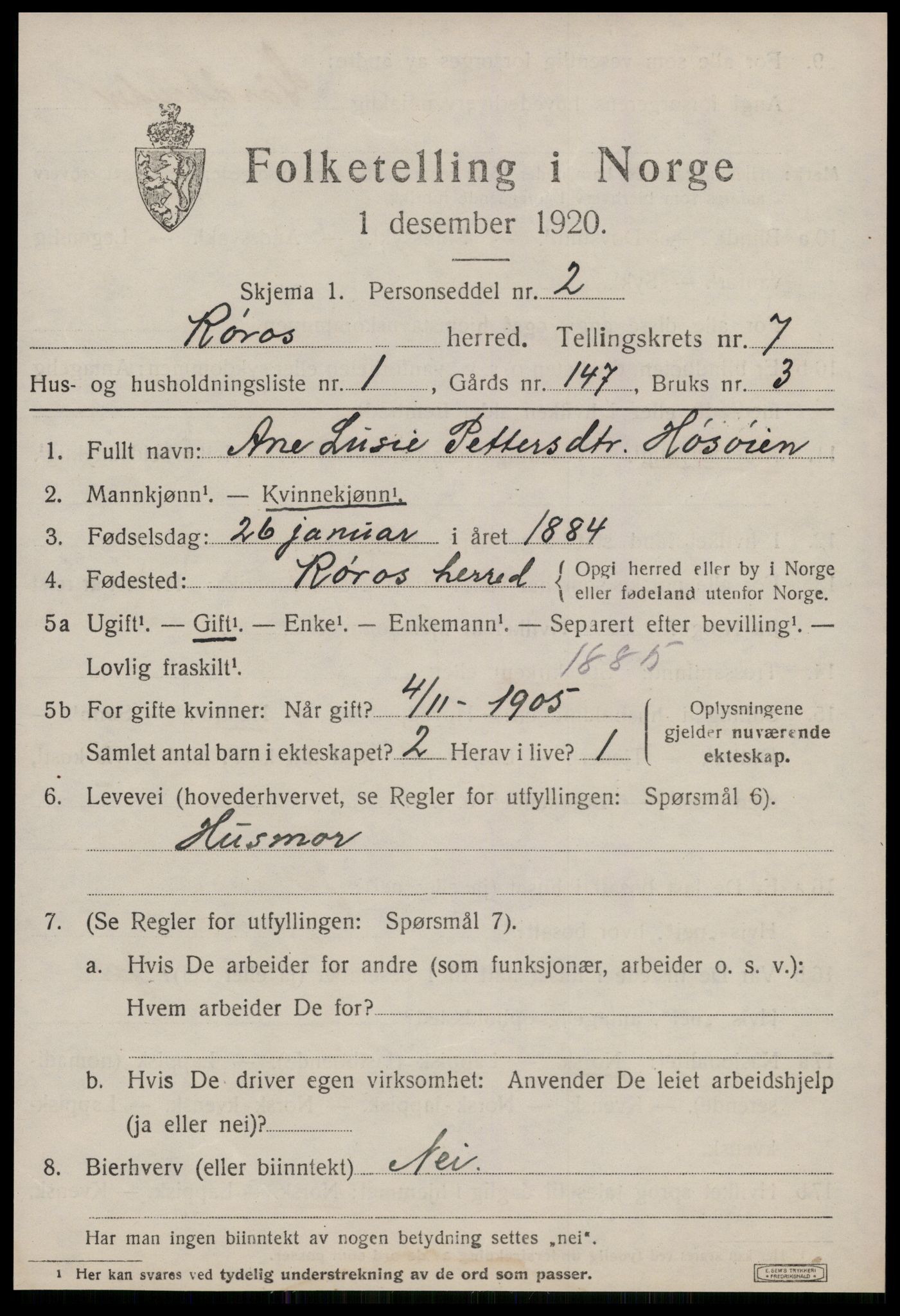 SAT, 1920 census for Røros, 1920, p. 6910