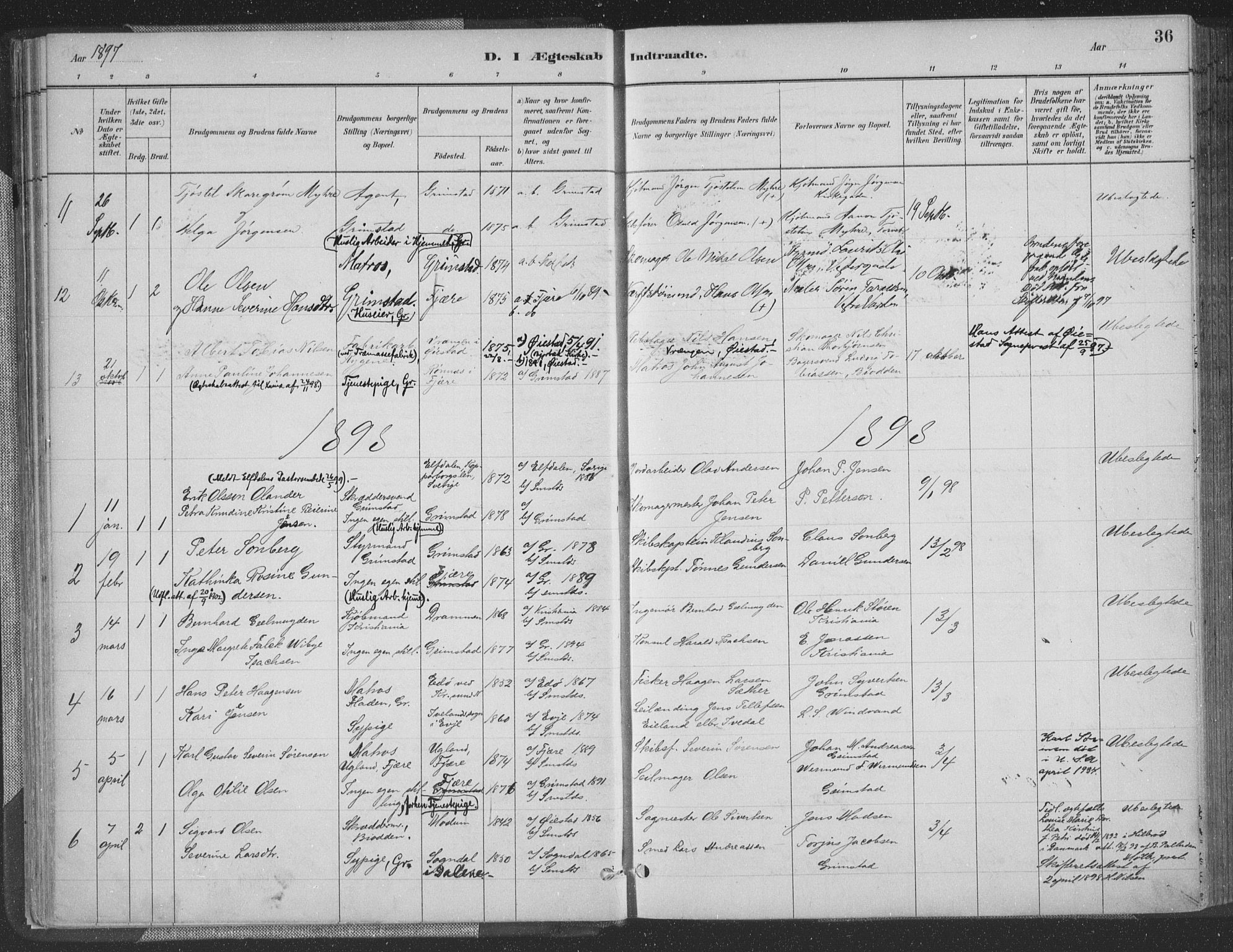 Grimstad sokneprestkontor, SAK/1111-0017/F/Fa/L0004: Parish register (official) no. A 3, 1882-1910, p. 36