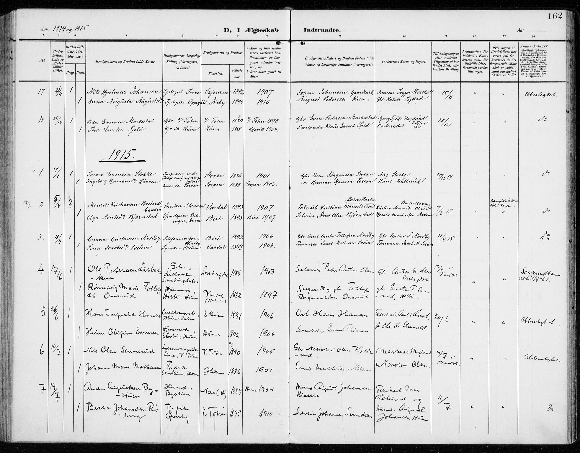 Vardal prestekontor, SAH/PREST-100/H/Ha/Haa/L0016: Parish register (official) no. 16, 1904-1916, p. 162