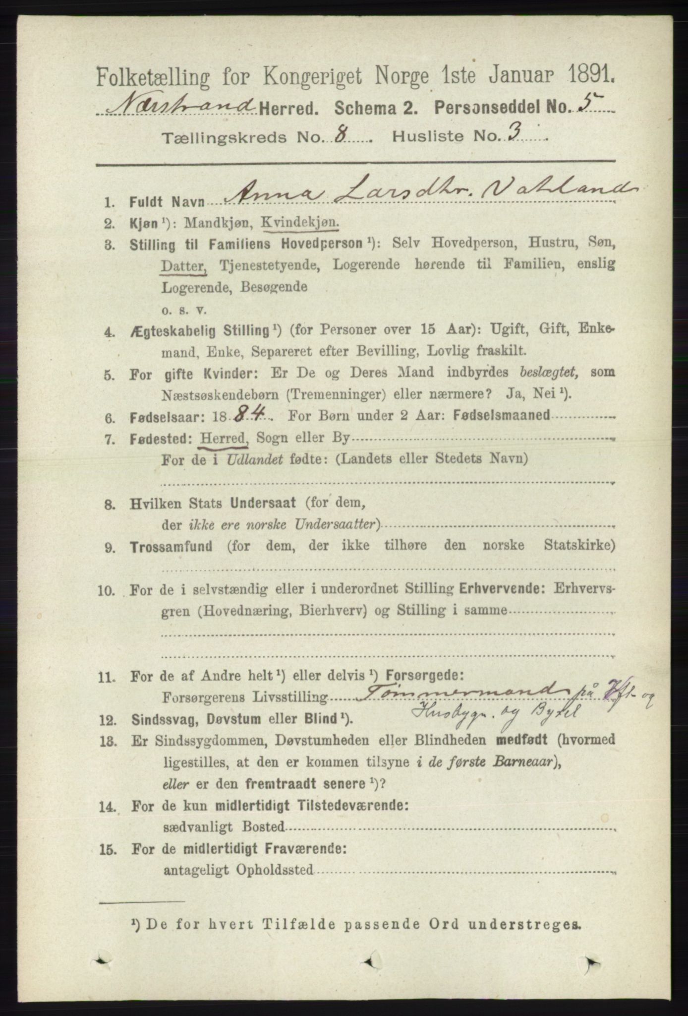 RA, 1891 census for 1139 Nedstrand, 1891, p. 1454