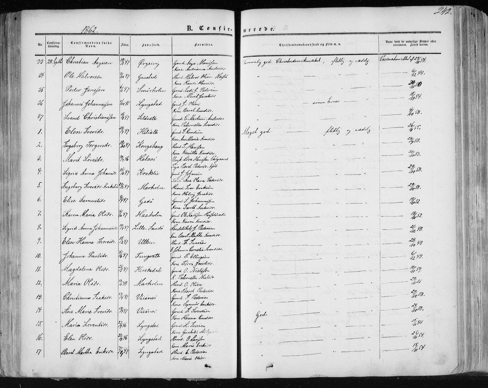 Ministerialprotokoller, klokkerbøker og fødselsregistre - Møre og Romsdal, AV/SAT-A-1454/568/L0804: Parish register (official) no. 568A11, 1854-1868, p. 242