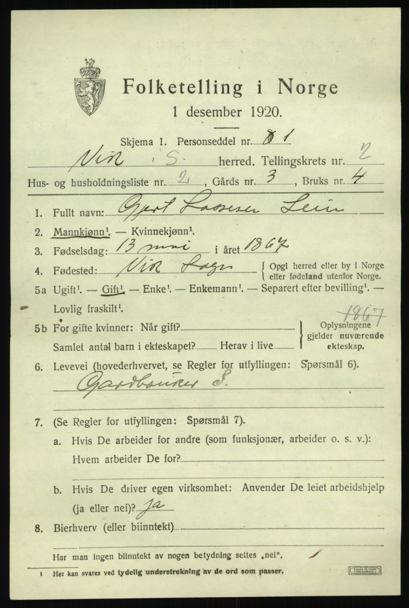 SAB, 1920 census for Vik, 1920, p. 2111