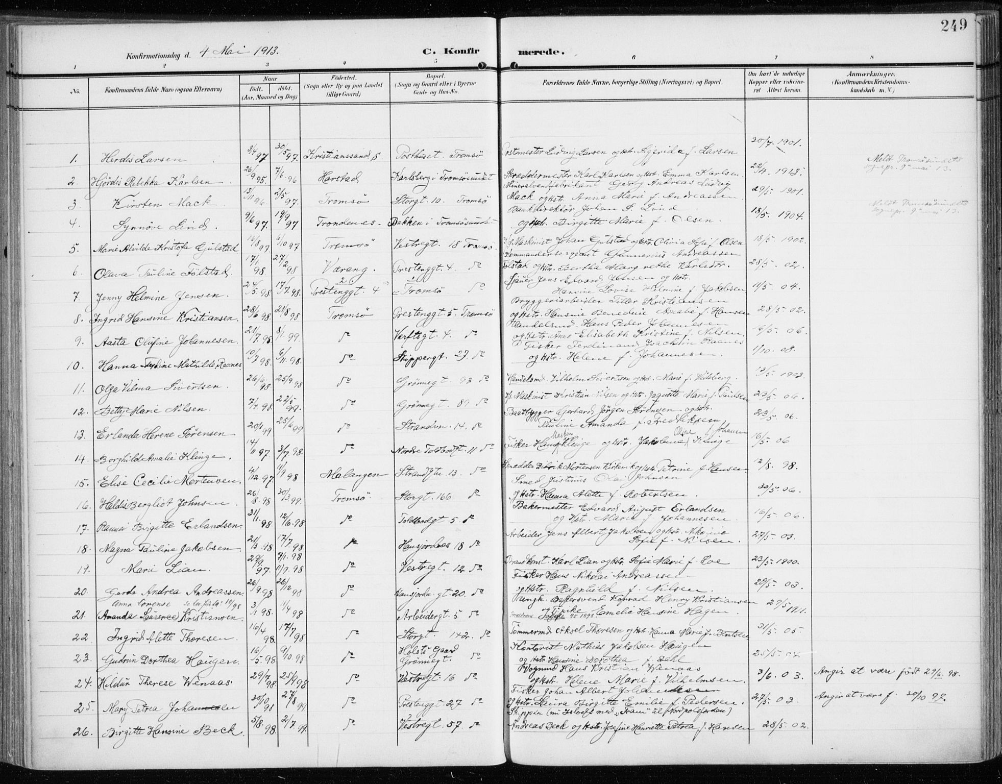 Tromsø sokneprestkontor/stiftsprosti/domprosti, AV/SATØ-S-1343/G/Ga/L0017kirke: Parish register (official) no. 17, 1907-1917, p. 249