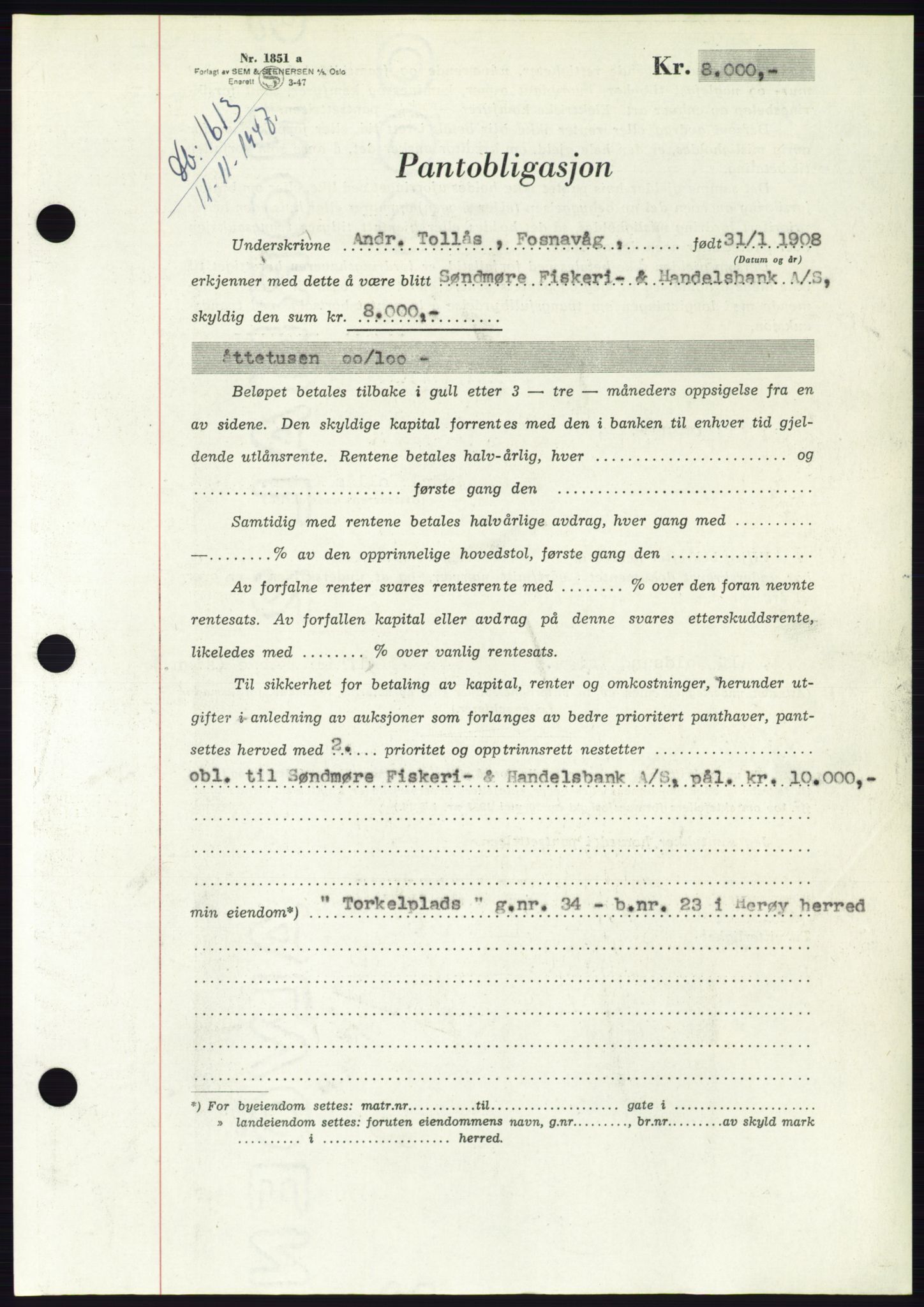 Søre Sunnmøre sorenskriveri, AV/SAT-A-4122/1/2/2C/L0115: Mortgage book no. 3B, 1947-1948, Diary no: : 1613/1947