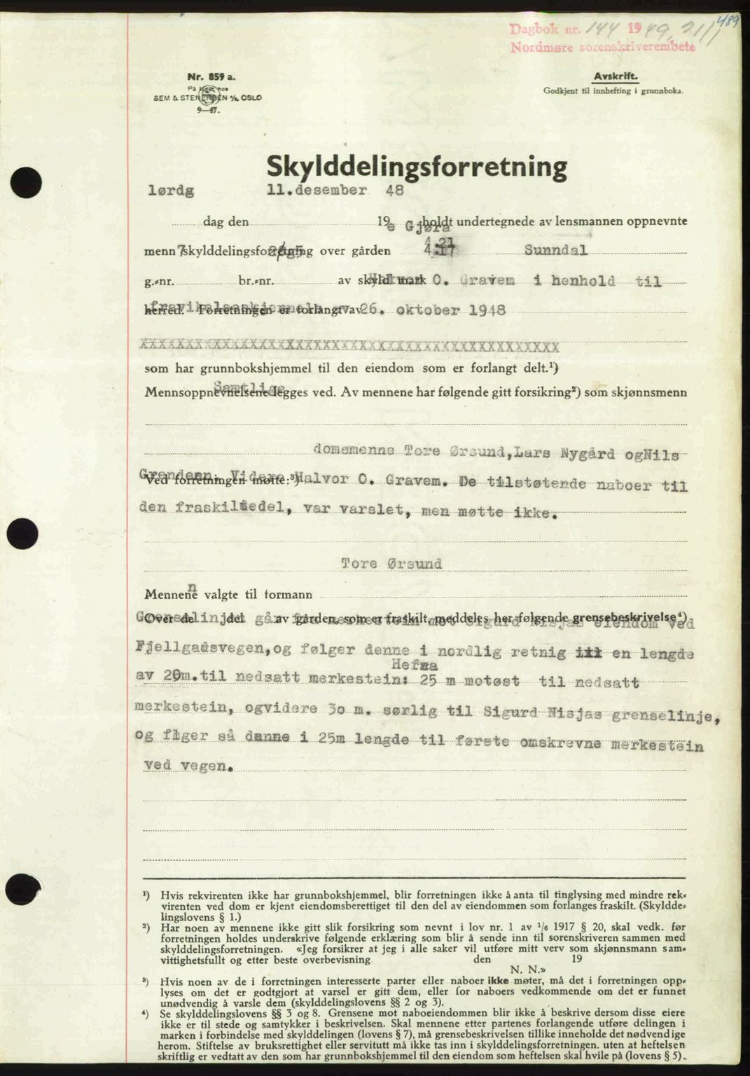 Nordmøre sorenskriveri, AV/SAT-A-4132/1/2/2Ca: Mortgage book no. A110, 1948-1949, Diary no: : 144/1949