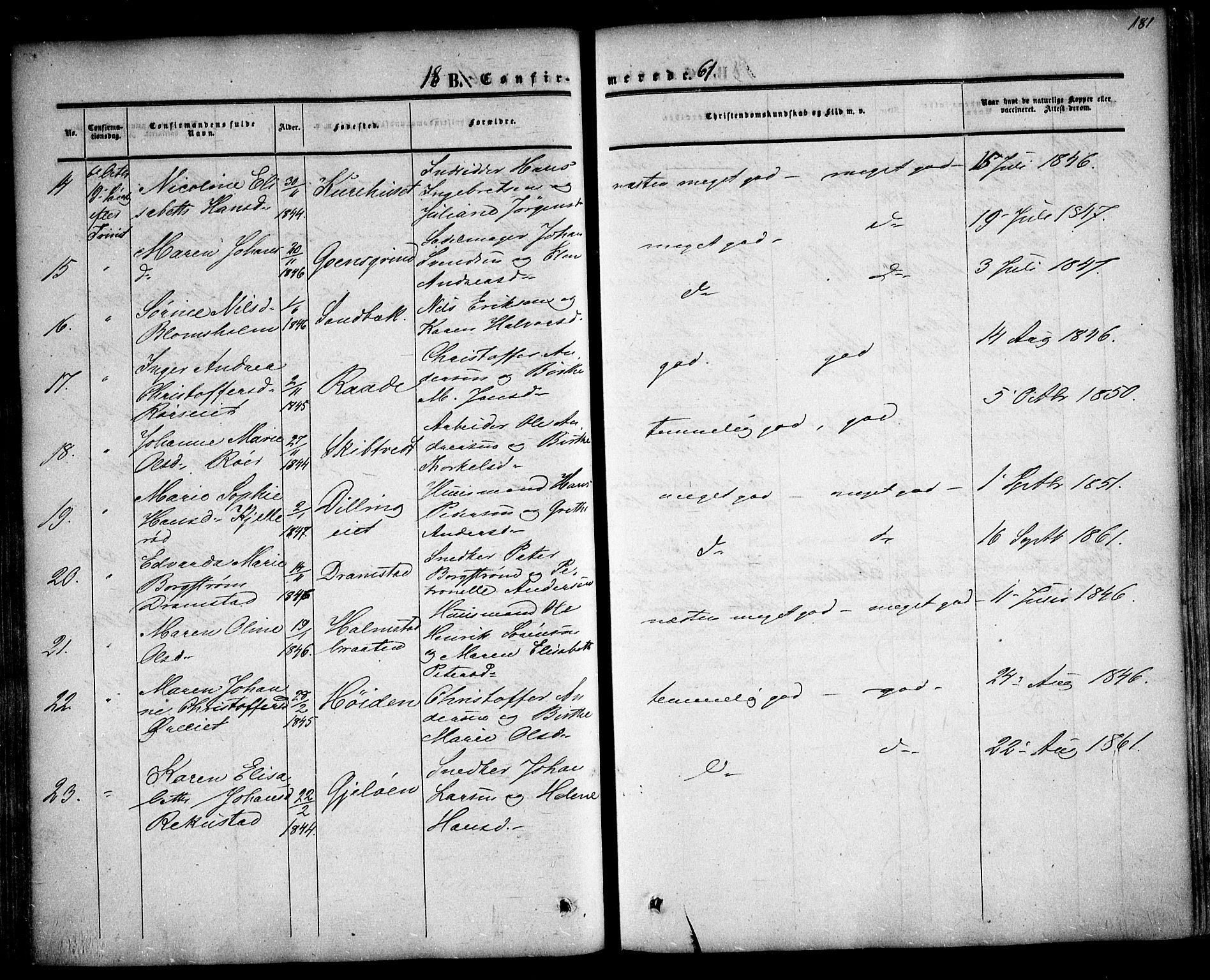 Rygge prestekontor Kirkebøker, AV/SAO-A-10084b/F/Fa/L0005: Parish register (official) no. 5, 1852-1871, p. 181