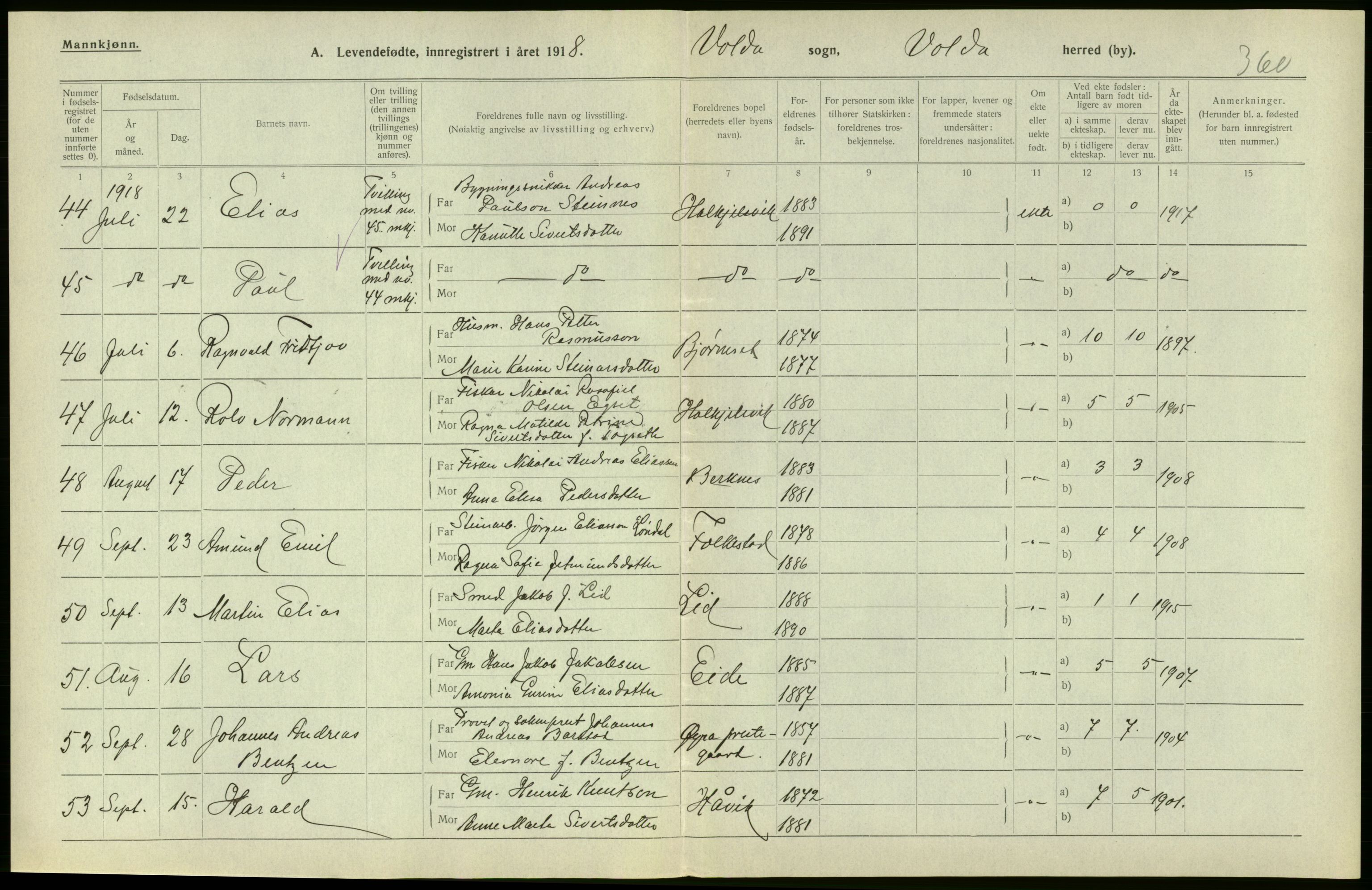 Statistisk sentralbyrå, Sosiodemografiske emner, Befolkning, RA/S-2228/D/Df/Dfb/Dfbh/L0043: Møre fylke: Levendefødte menn og kvinner. Bygder., 1918, p. 218