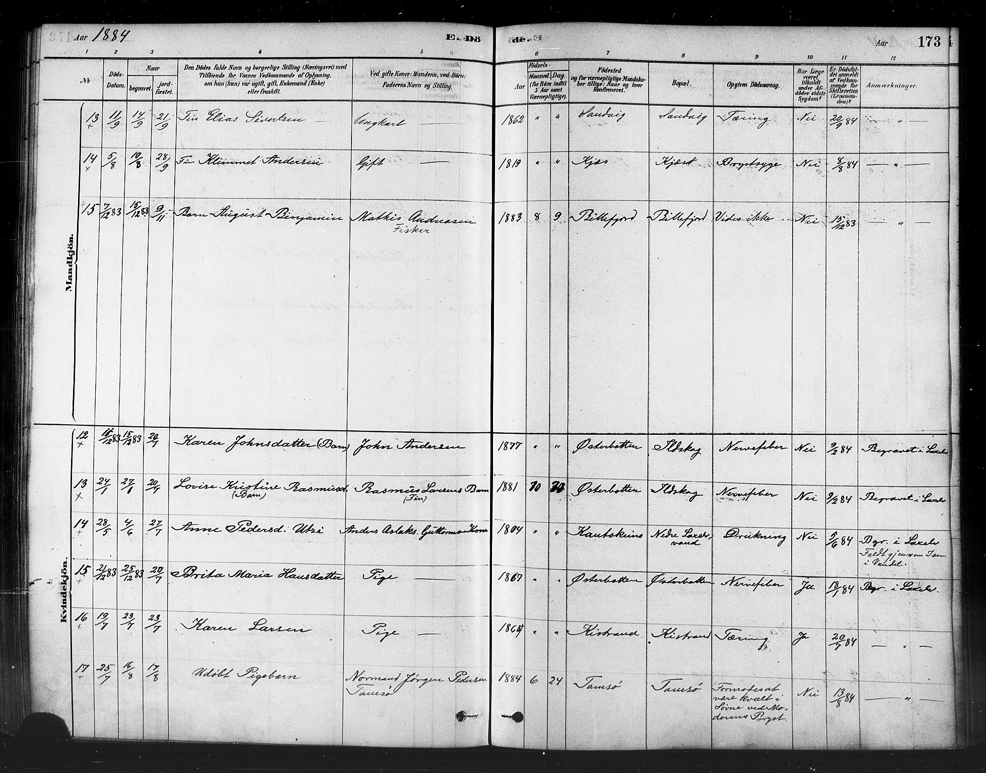 Kistrand/Porsanger sokneprestembete, AV/SATØ-S-1351/H/Ha/L0007.kirke: Parish register (official) no. 7, 1881-1889, p. 173