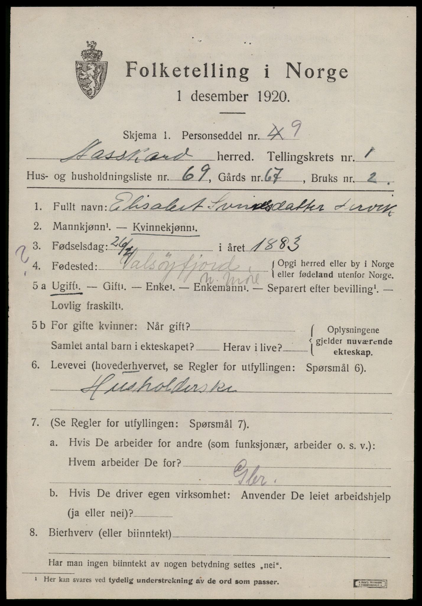 SAT, 1920 census for Åsskard, 1920, p. 1187