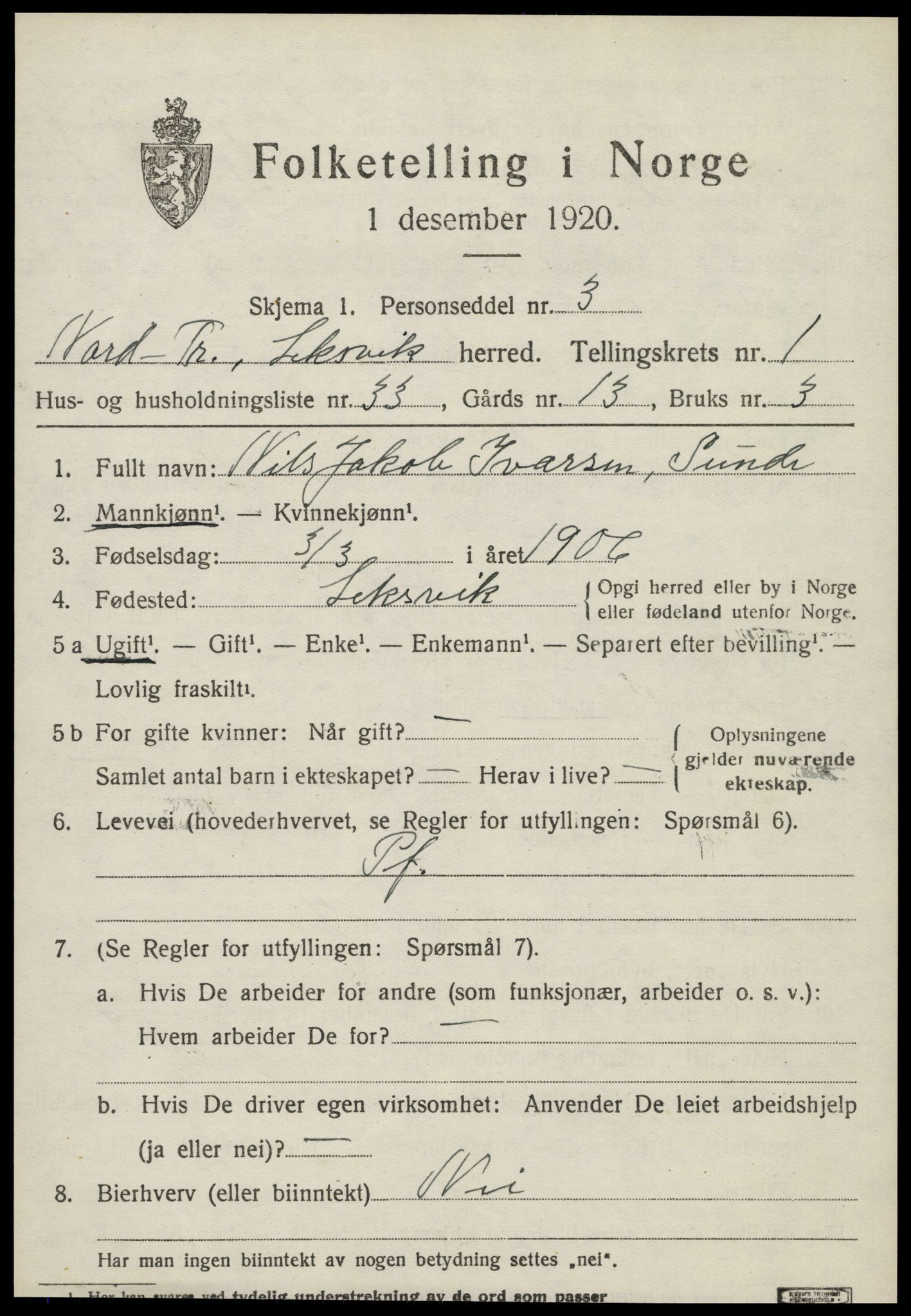 SAT, 1920 census for Leksvik, 1920, p. 1558