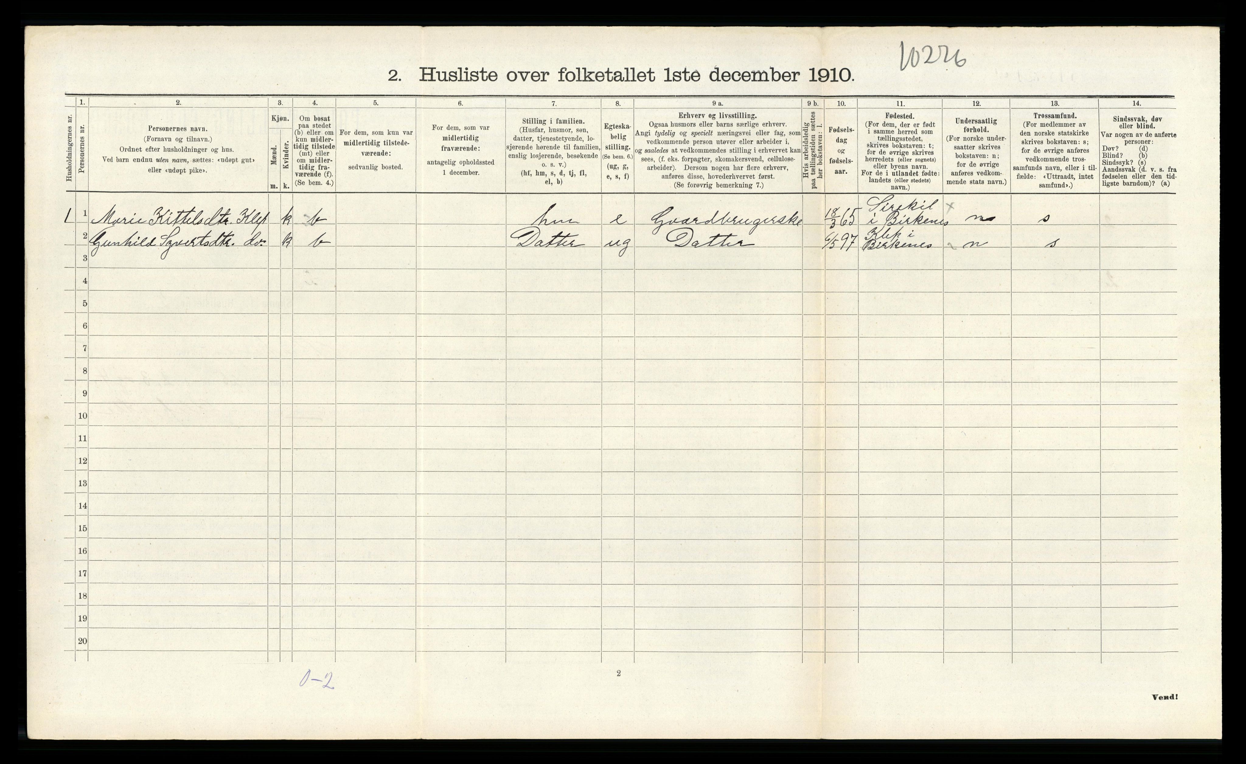 RA, 1910 census for Birkenes, 1910, p. 541