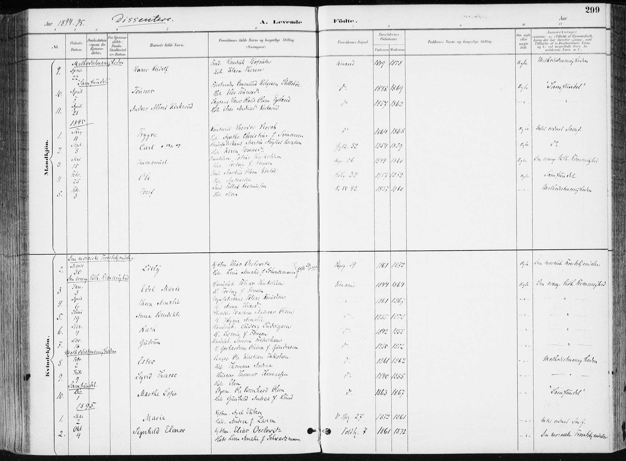 Kristiansand domprosti, SAK/1112-0006/F/Fa/L0019: Parish register (official) no. A 18, 1890-1897, p. 299