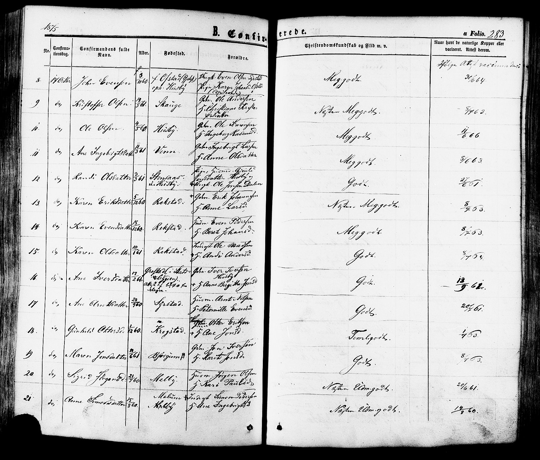 Ministerialprotokoller, klokkerbøker og fødselsregistre - Sør-Trøndelag, SAT/A-1456/665/L0772: Parish register (official) no. 665A07, 1856-1878, p. 283