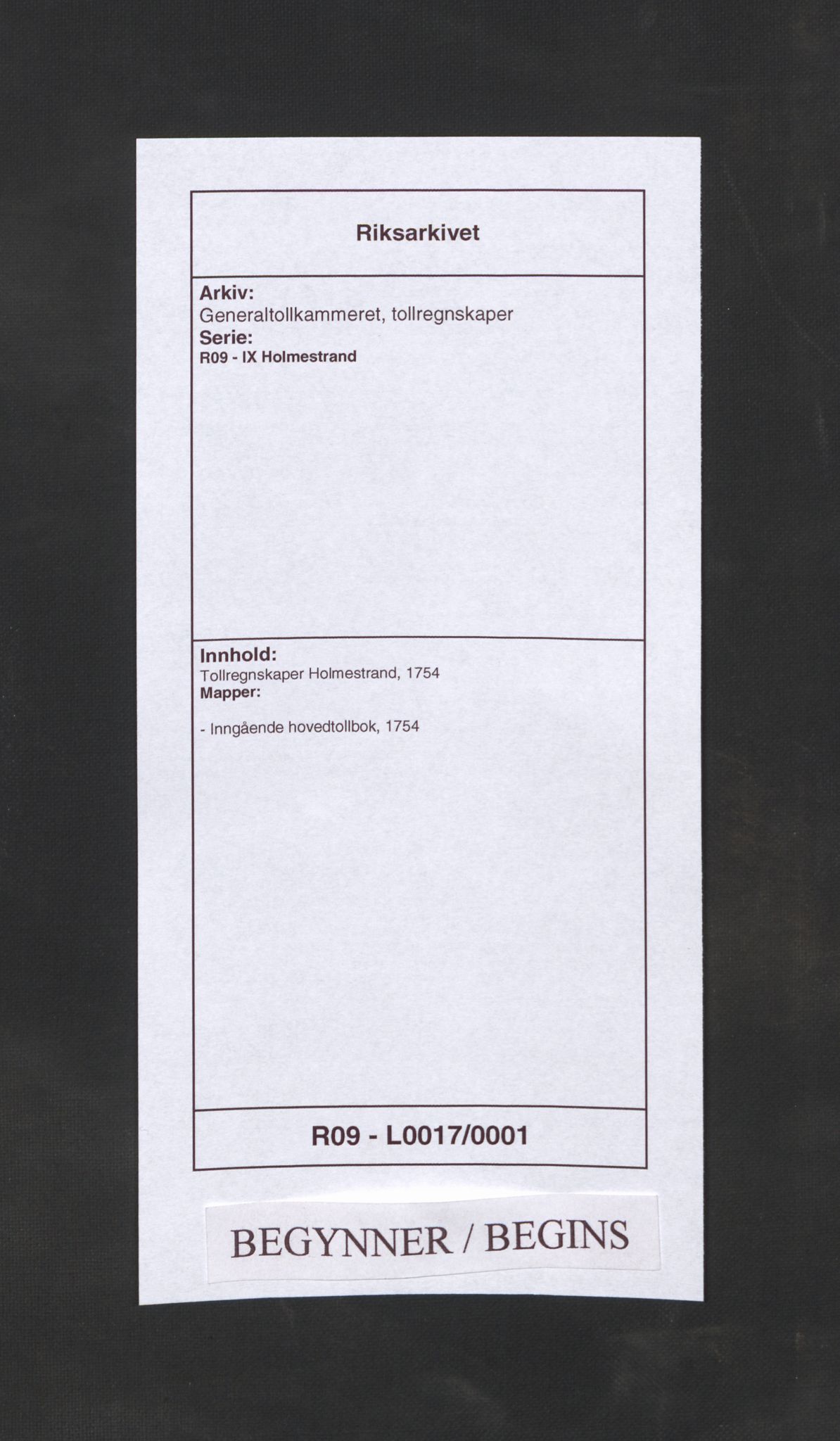 Generaltollkammeret, tollregnskaper, RA/EA-5490/R09/L0017/0001: Tollregnskaper Holmestrand / Inngående hovedtollbok, 1754