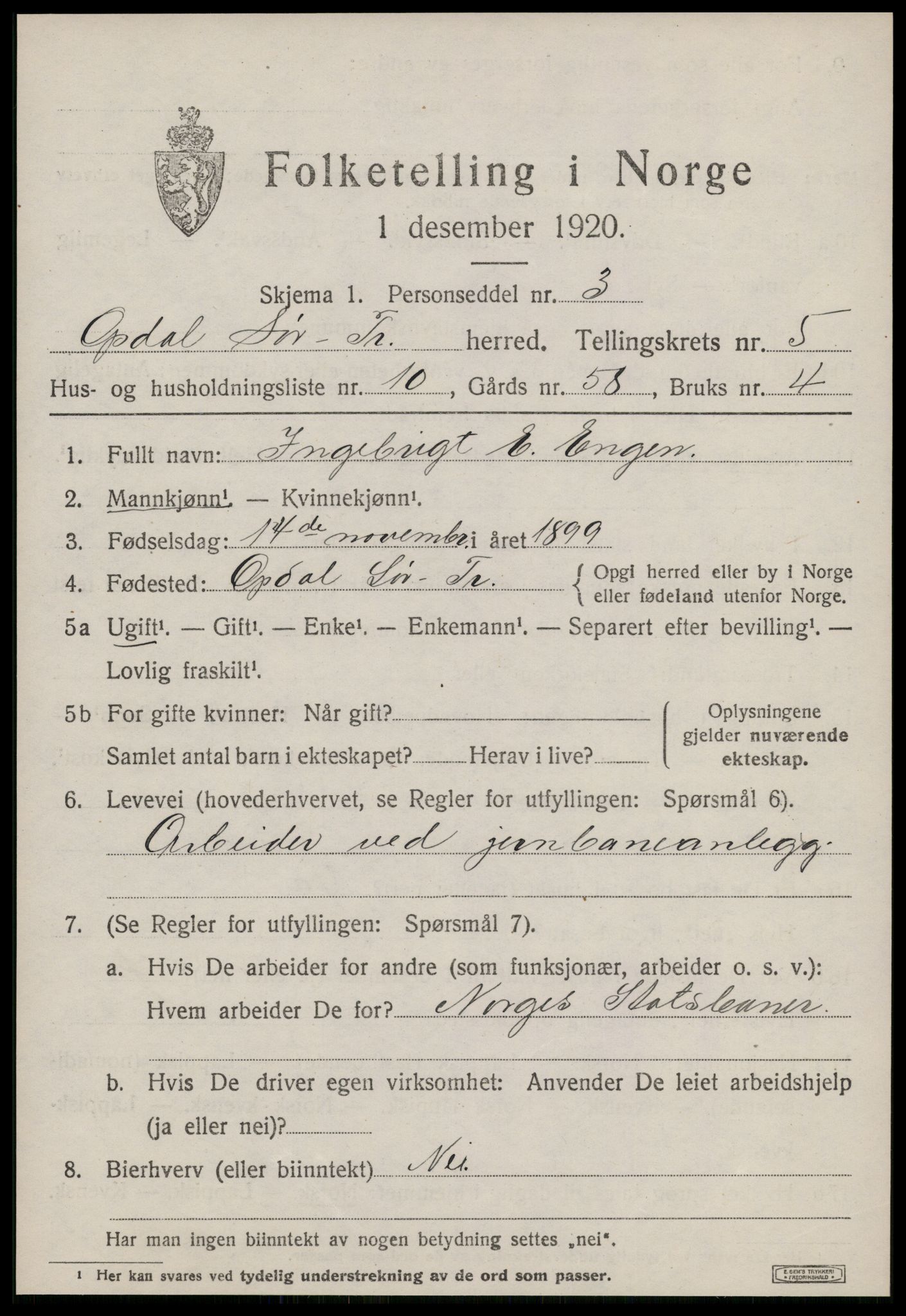 SAT, 1920 census for Oppdal, 1920, p. 5067