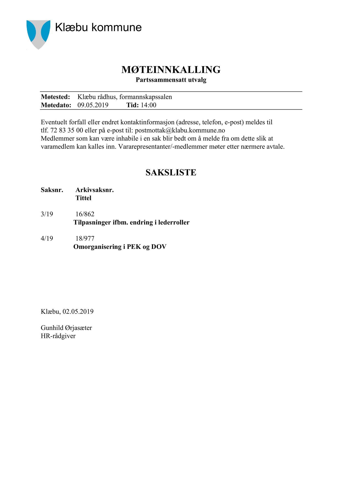 Klæbu Kommune, TRKO/KK/11-PSU/L004: Partssammensatt utvalg - Møtedokumenter, 2019, p. 15