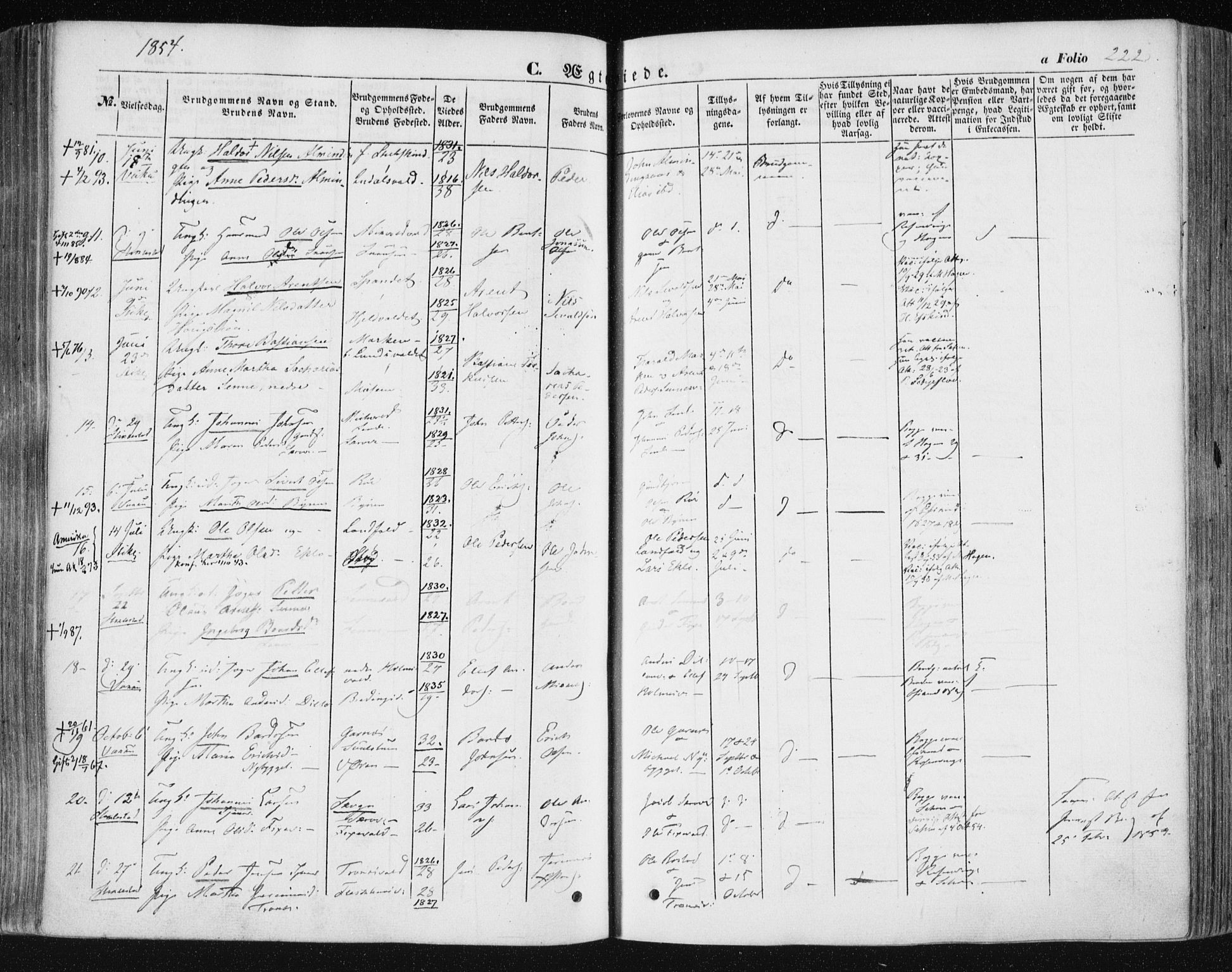 Ministerialprotokoller, klokkerbøker og fødselsregistre - Nord-Trøndelag, AV/SAT-A-1458/723/L0240: Parish register (official) no. 723A09, 1852-1860, p. 222