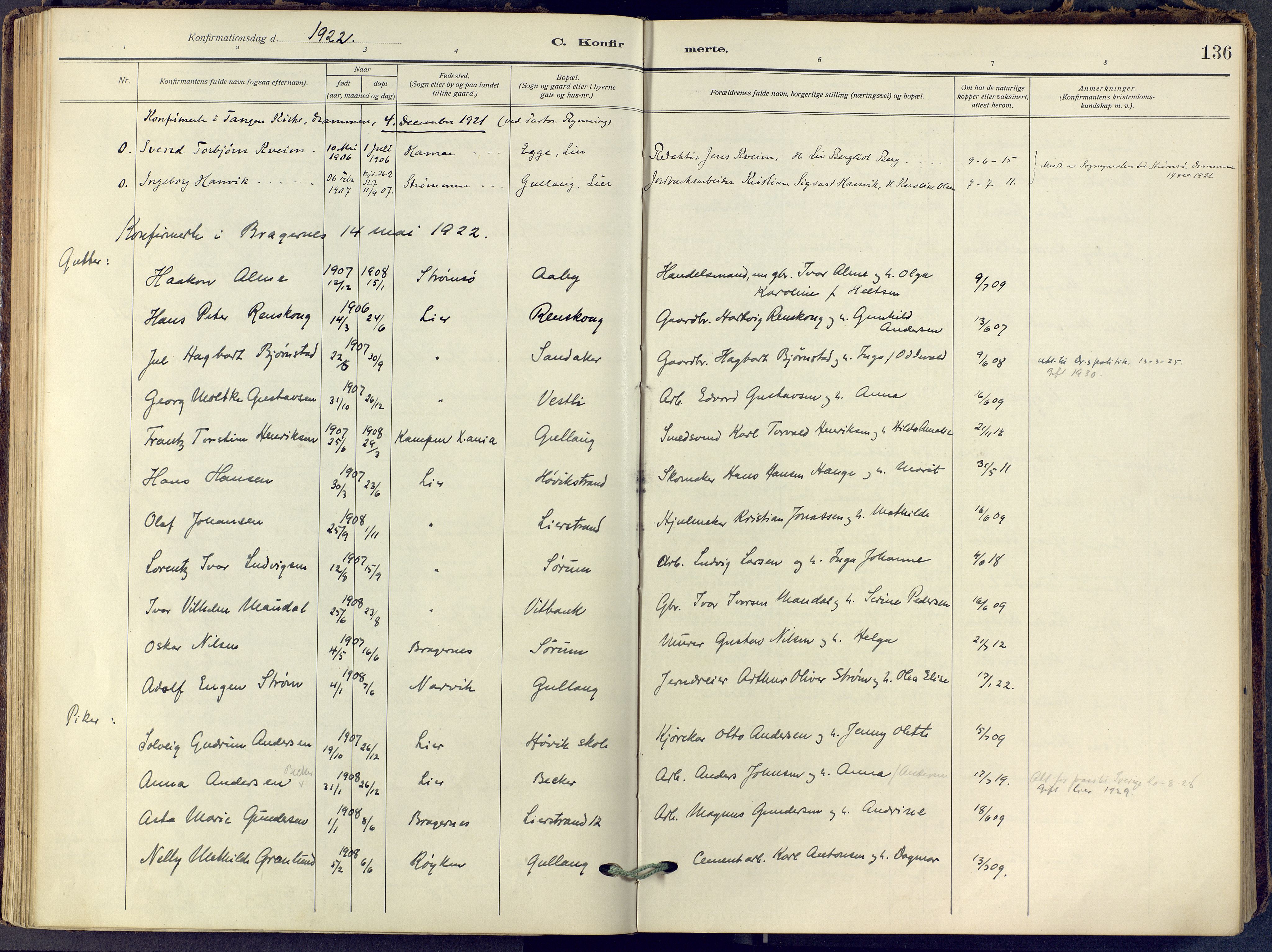 Lier kirkebøker, SAKO/A-230/F/Fa/L0019: Parish register (official) no. I 19, 1918-1928, p. 136
