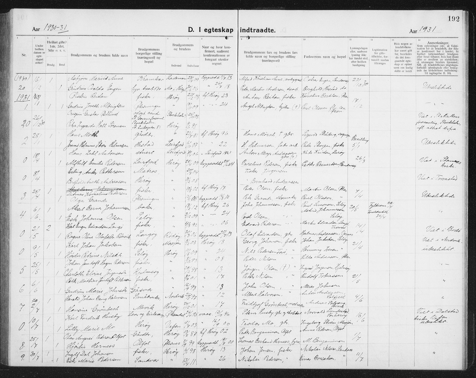Ministerialprotokoller, klokkerbøker og fødselsregistre - Nordland, SAT/A-1459/834/L0517: Parish register (copy) no. 834C07, 1919-1939, p. 192