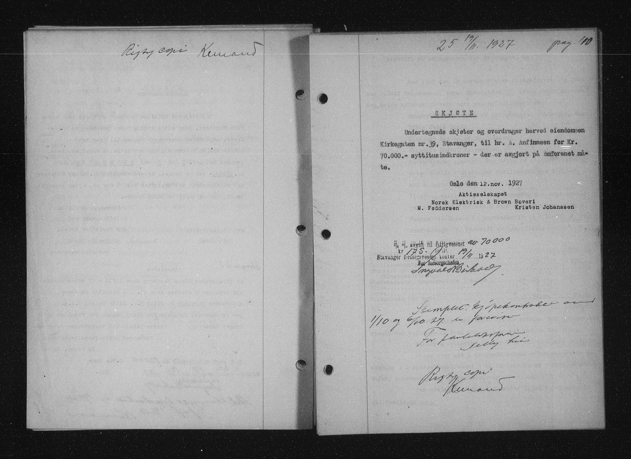 Stavanger byfogd, AV/SAST-A-101408/001/4/41/410/410BB/L0053: Mortgage book no. 41, 1927-1928, Deed date: 19.11.1927