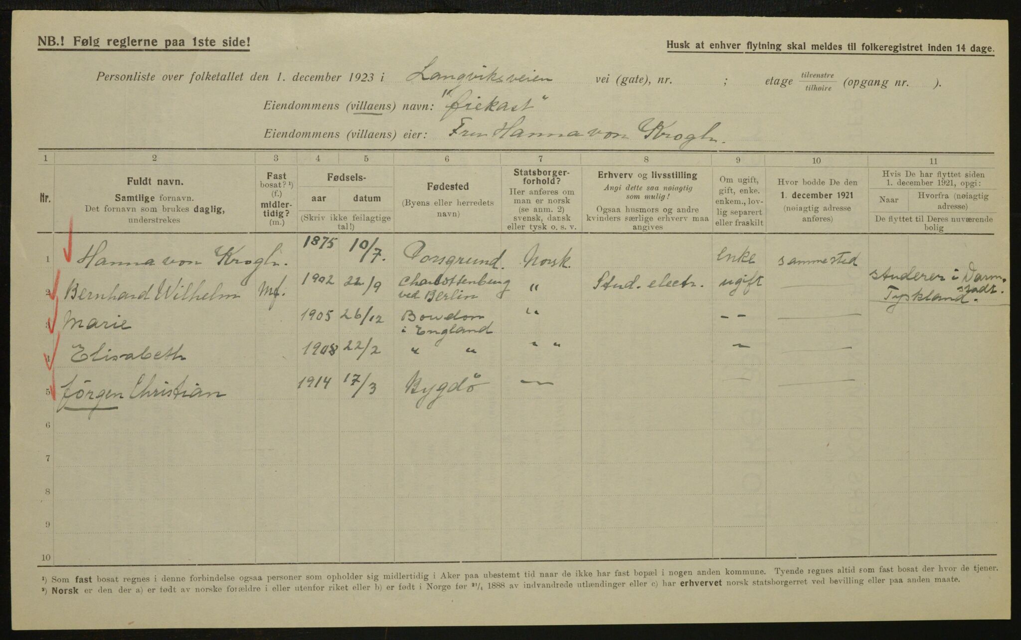 , Municipal Census 1923 for Aker, 1923, p. 3551