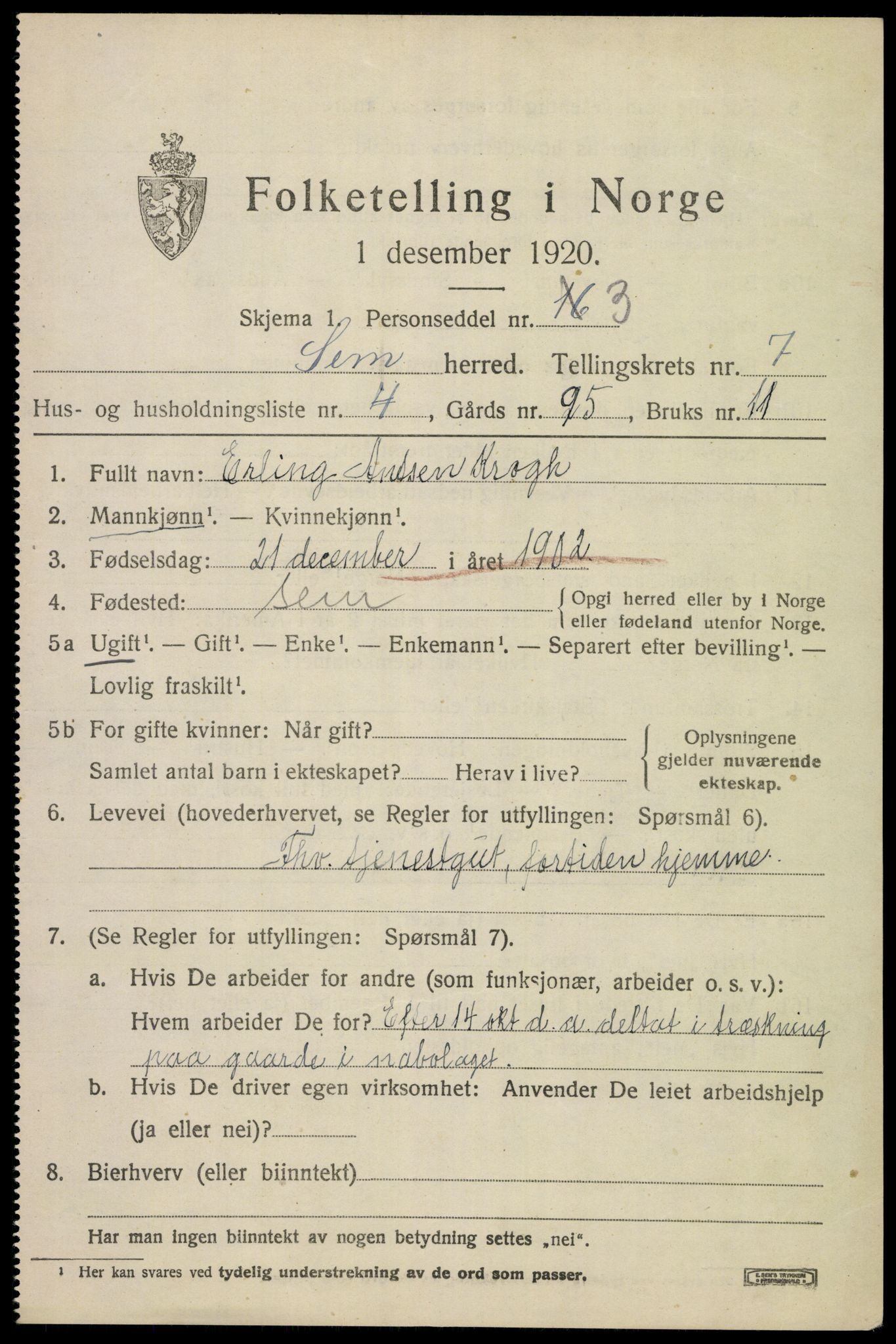 SAKO, 1920 census for Sem, 1920, p. 10373