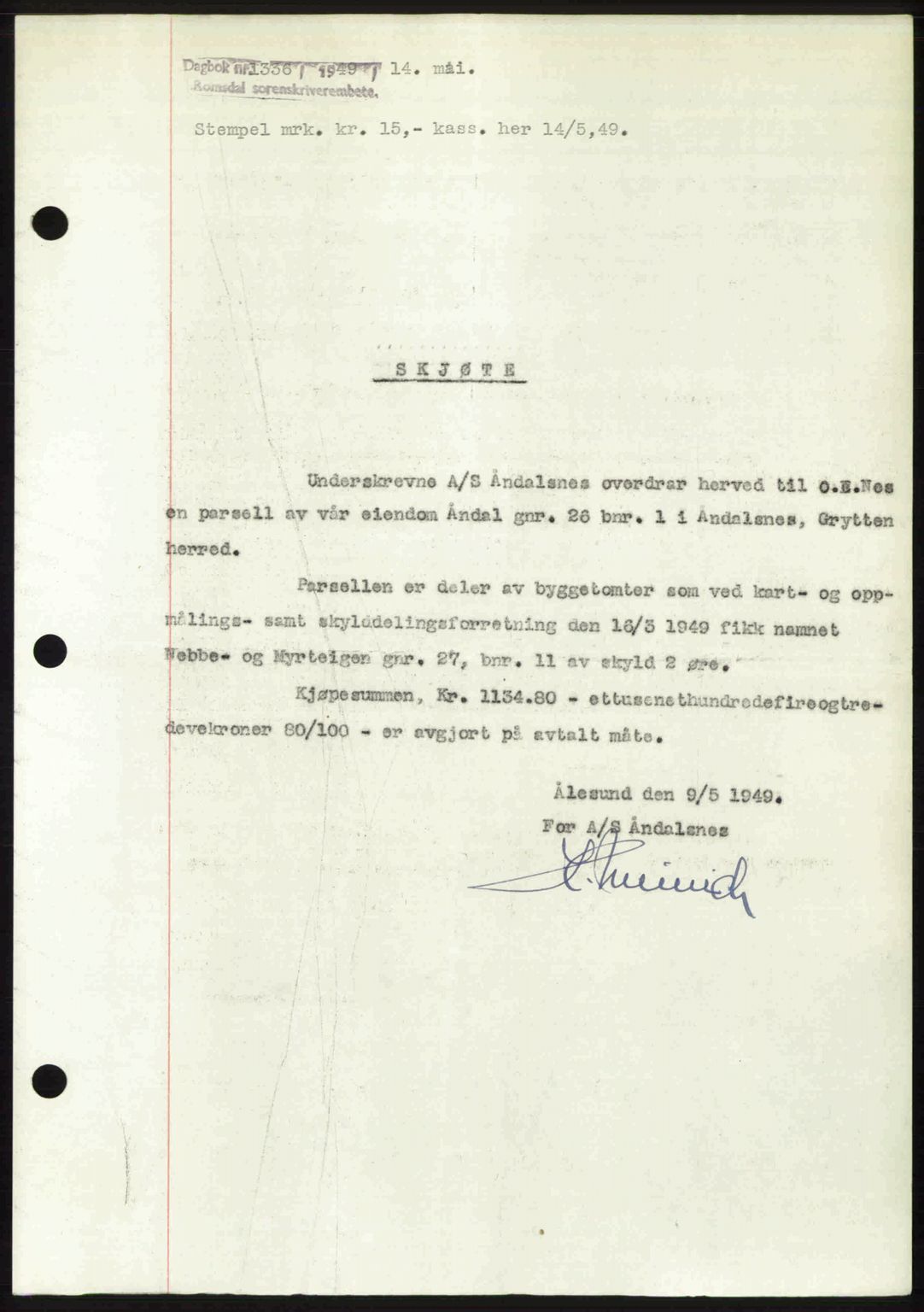 Romsdal sorenskriveri, AV/SAT-A-4149/1/2/2C: Mortgage book no. A29, 1949-1949, Diary no: : 1336/1949