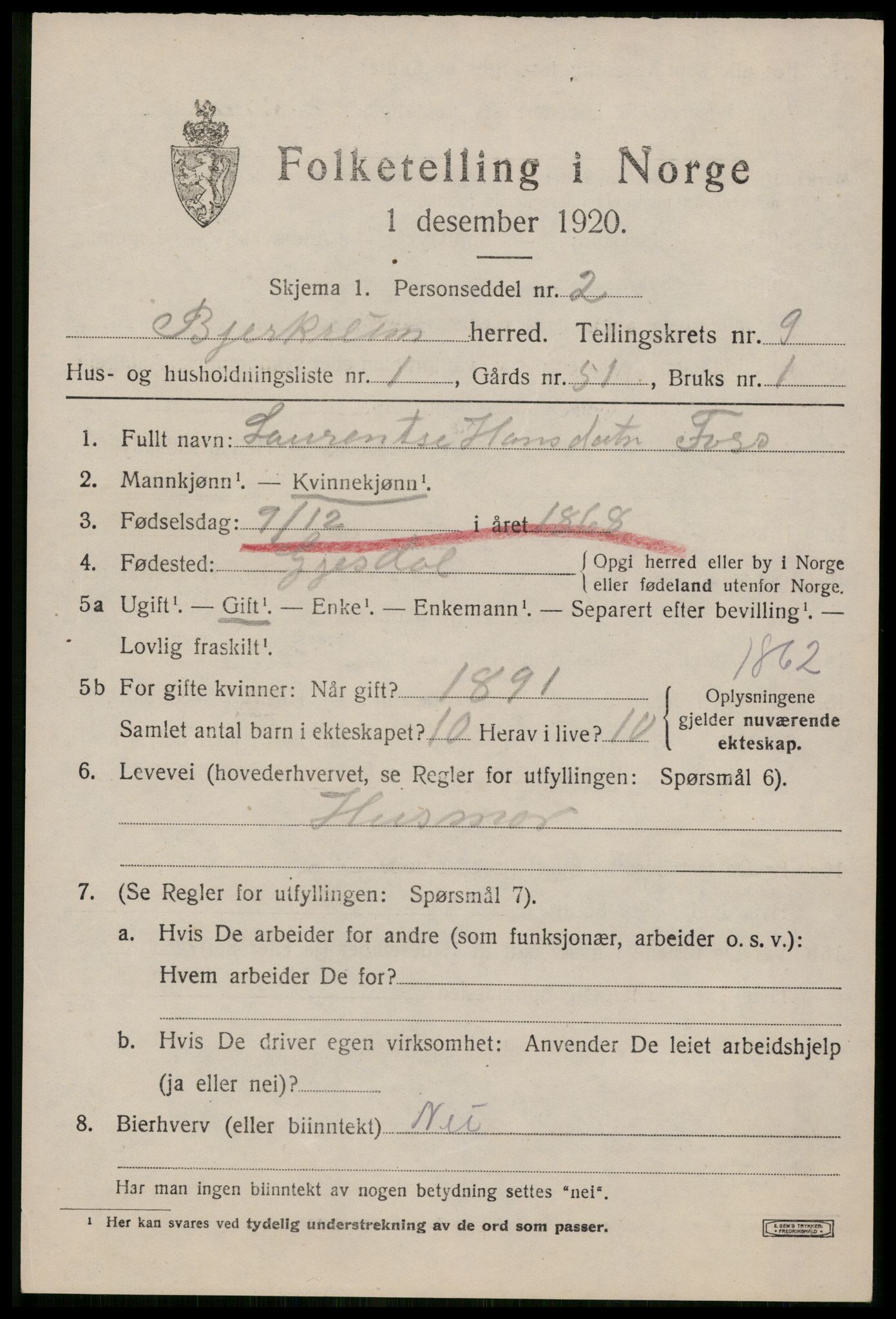 SAST, 1920 census for Bjerkreim, 1920, p. 3060