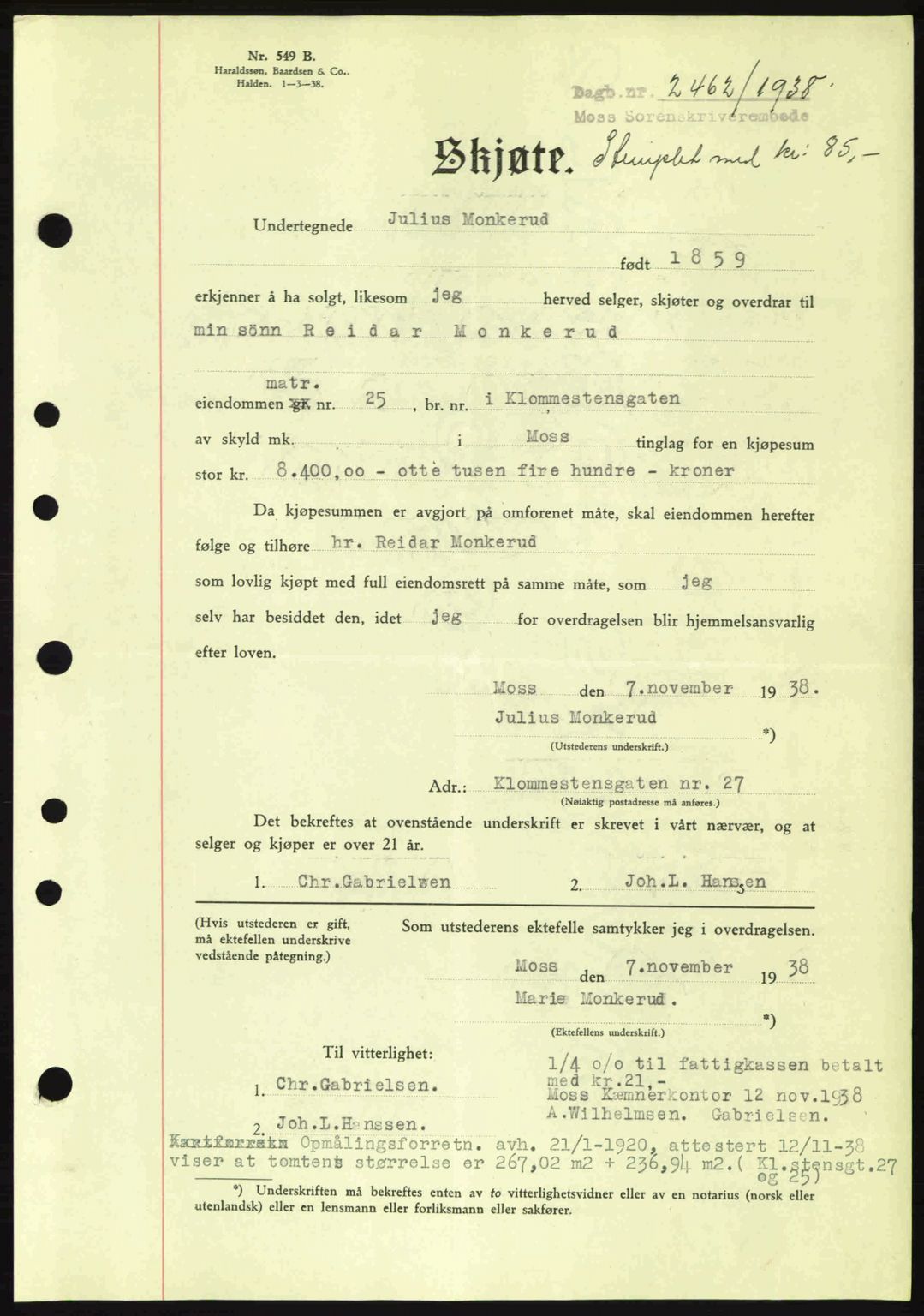 Moss sorenskriveri, SAO/A-10168: Mortgage book no. A5, 1938-1939, Diary no: : 2462/1938