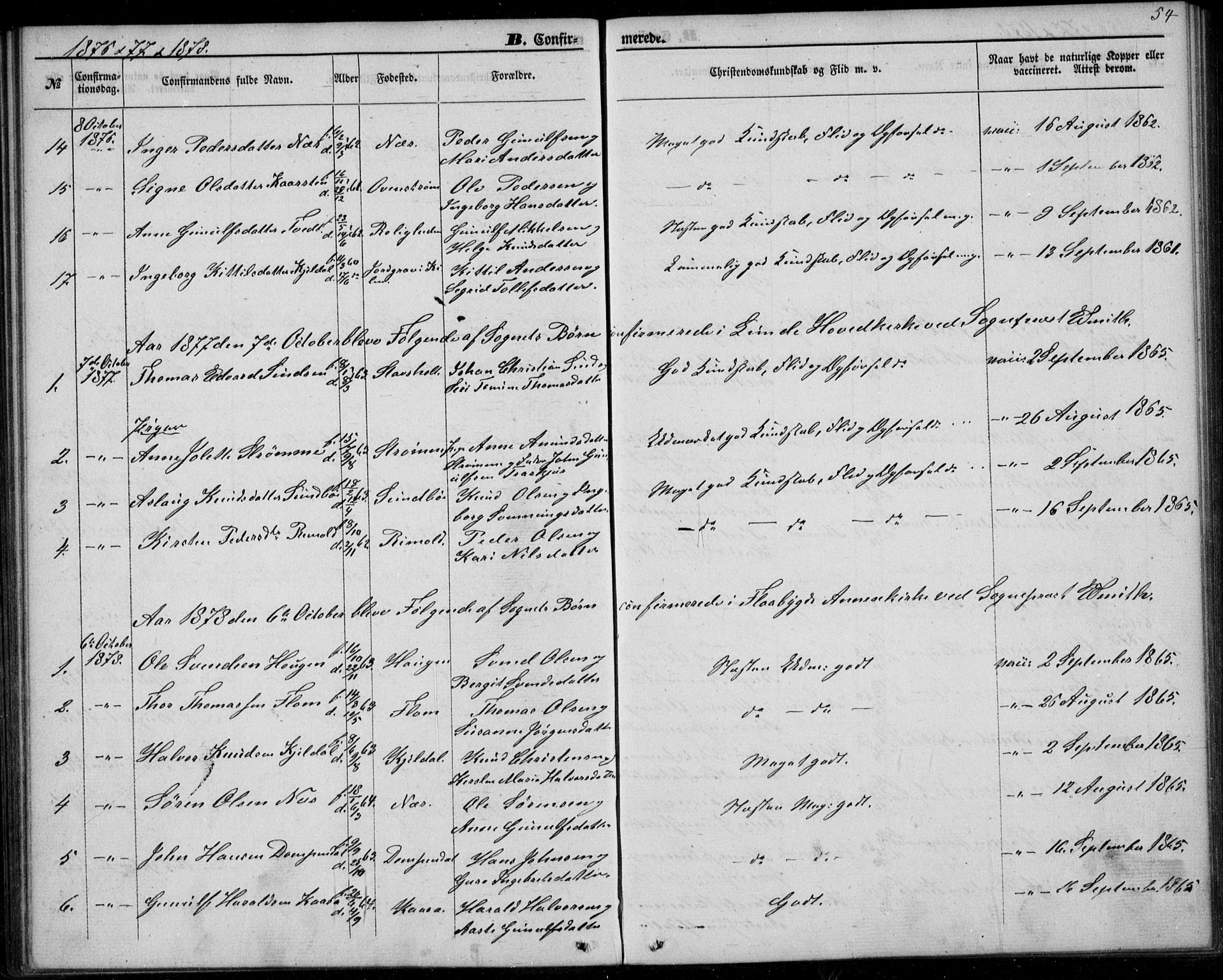 Lunde kirkebøker, AV/SAKO-A-282/F/Fb/L0002: Parish register (official) no. II 2, 1861-1881, p. 54
