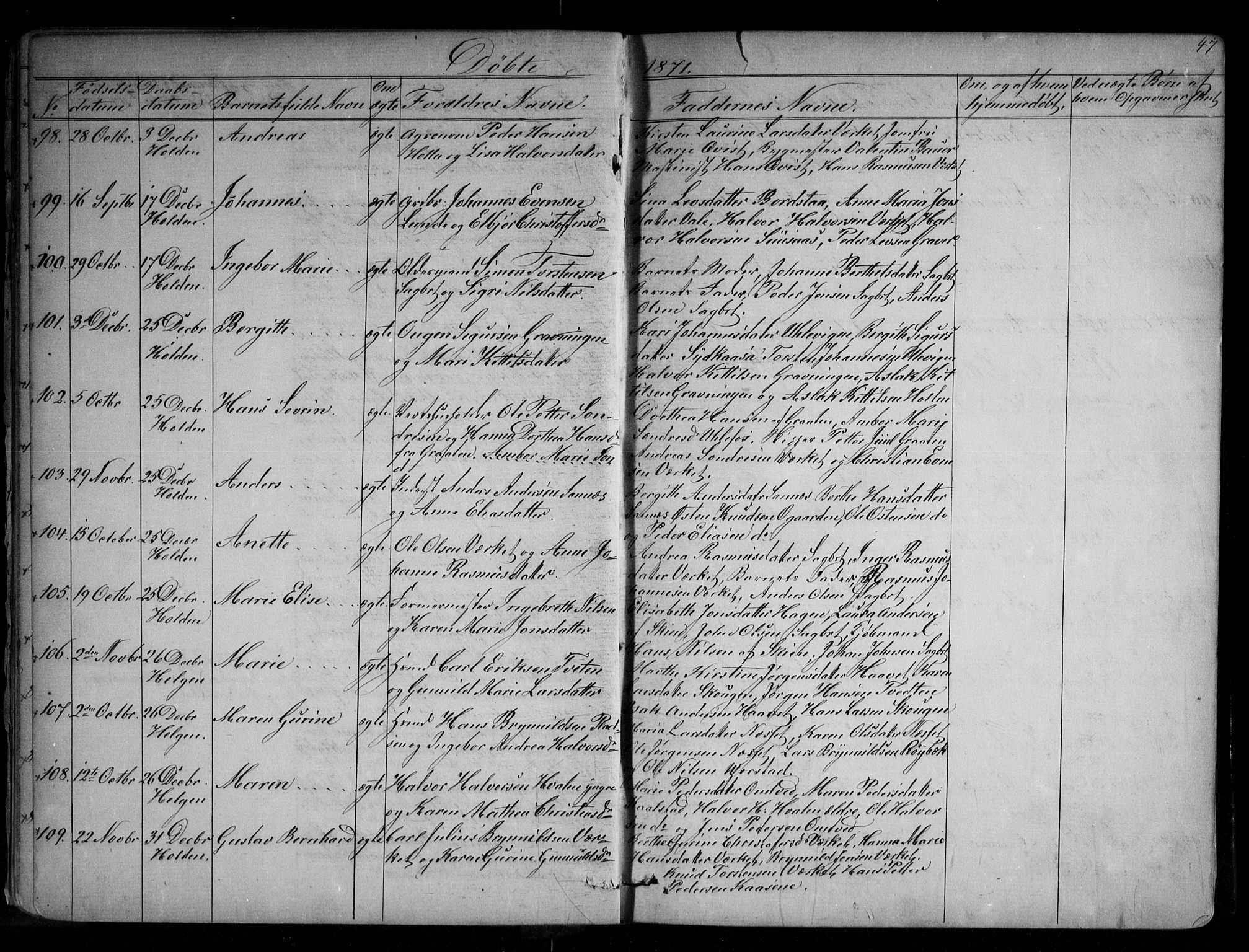 Holla kirkebøker, SAKO/A-272/G/Ga/L0004: Parish register (copy) no. I 4, 1867-1890, p. 47