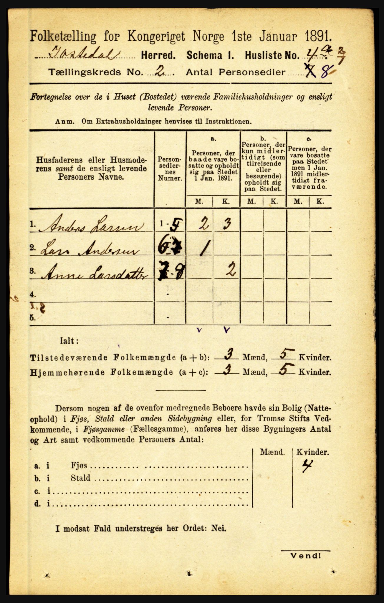 RA, 1891 census for 1427 Jostedal, 1891, p. 455