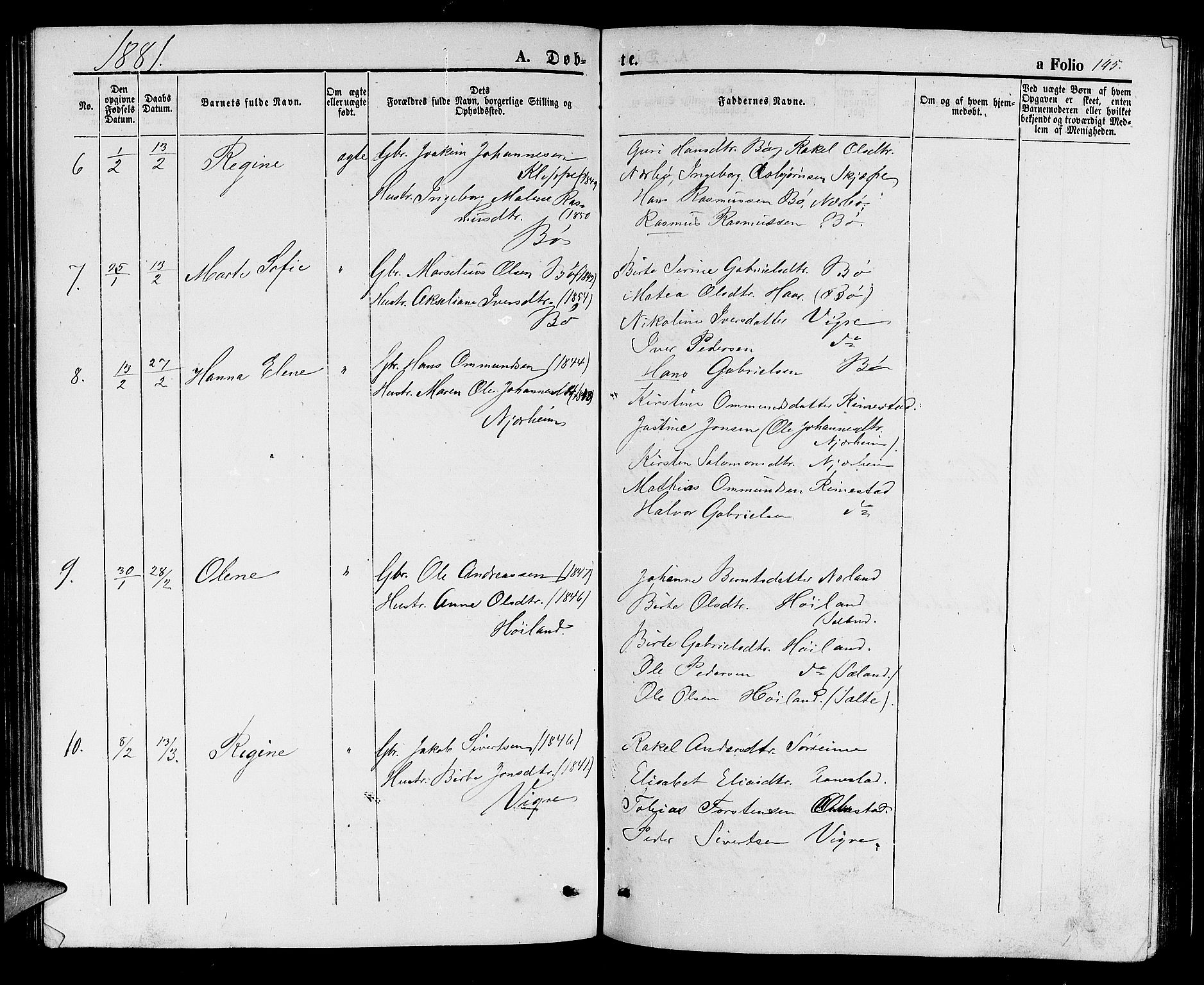 Hå sokneprestkontor, AV/SAST-A-101801/001/30BB/L0001: Parish register (copy) no. B 1, 1854-1883, p. 145