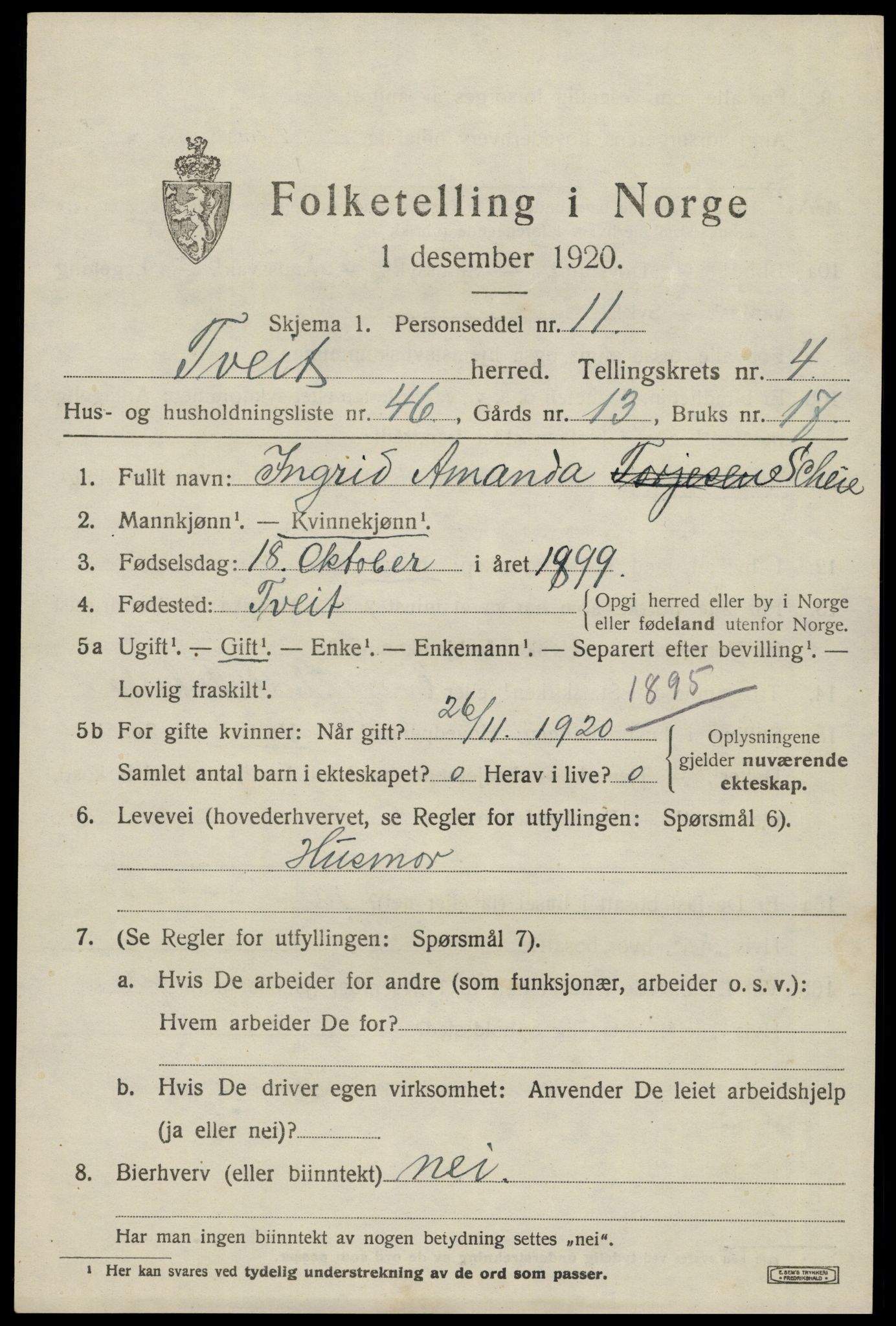 SAK, 1920 census for Tveit, 1920, p. 2414