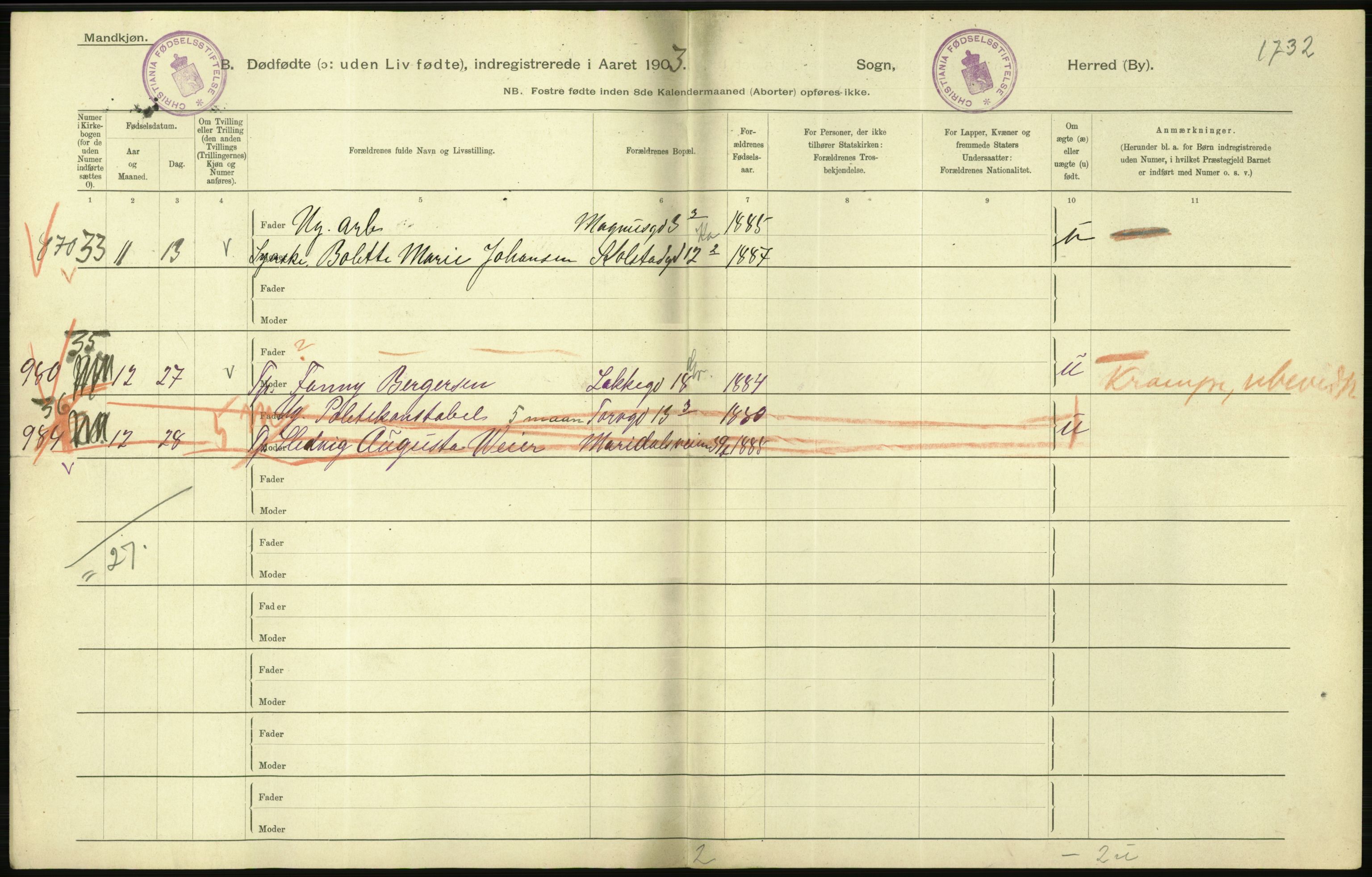 Statistisk sentralbyrå, Sosiodemografiske emner, Befolkning, AV/RA-S-2228/D/Df/Dfa/Dfaa/L0026: Smålenenes - Finnmarkens amt: Dødfødte. Byer., 1903, p. 80