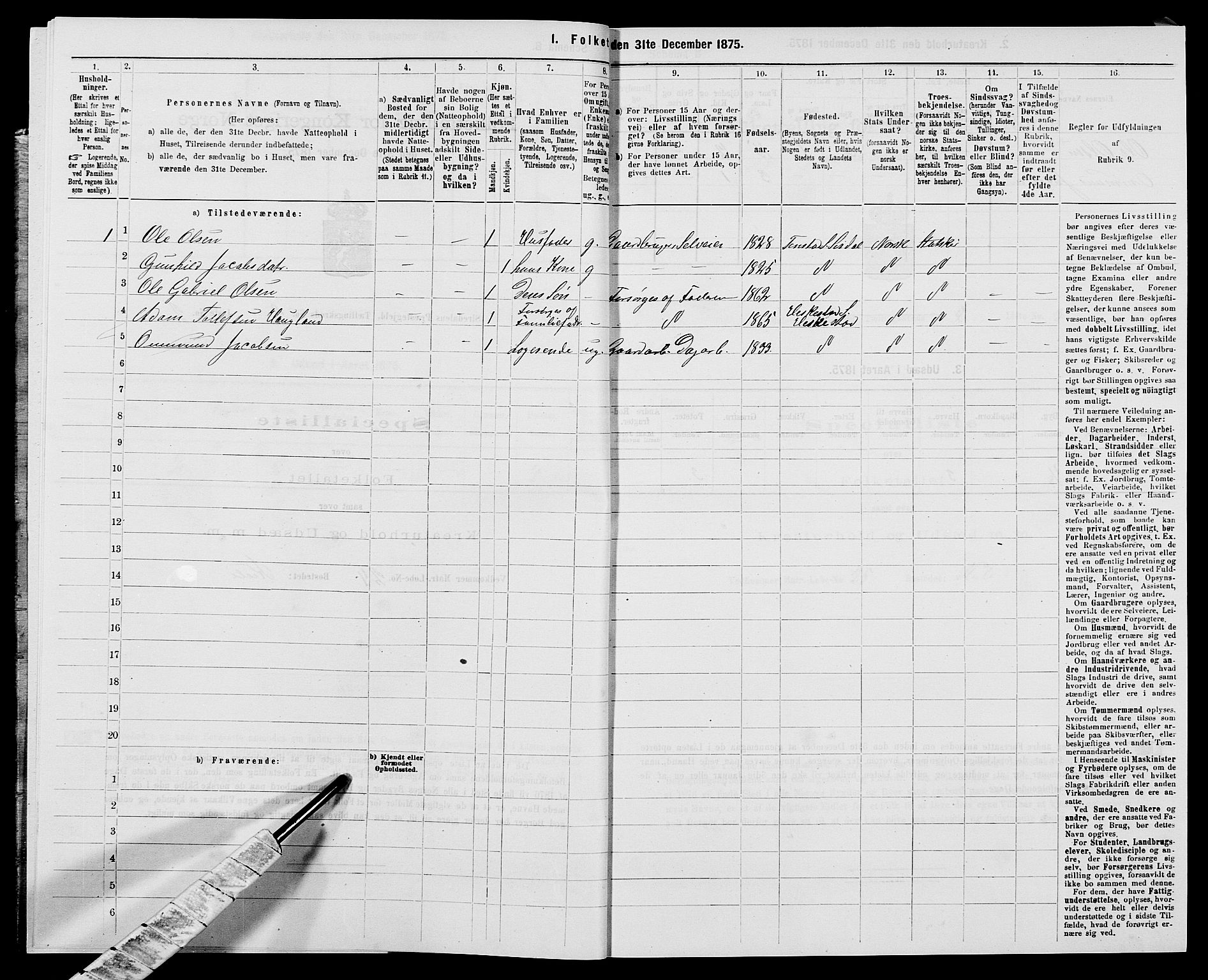 SAK, 1875 census for 1046P Sirdal, 1875, p. 140