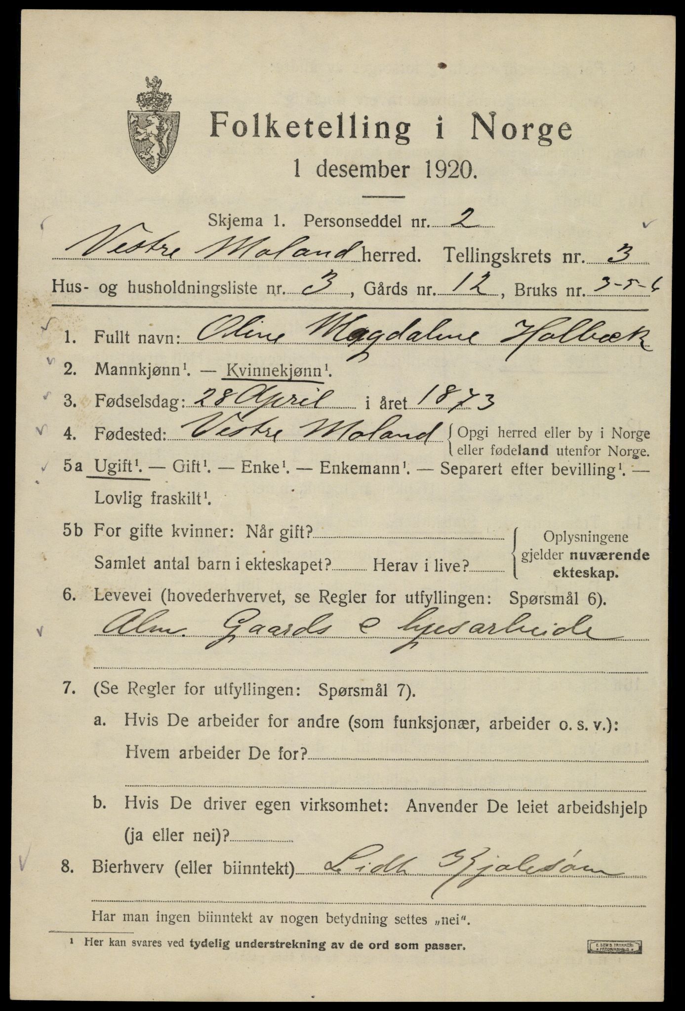 SAK, 1920 census for Vestre Moland, 1920, p. 3353