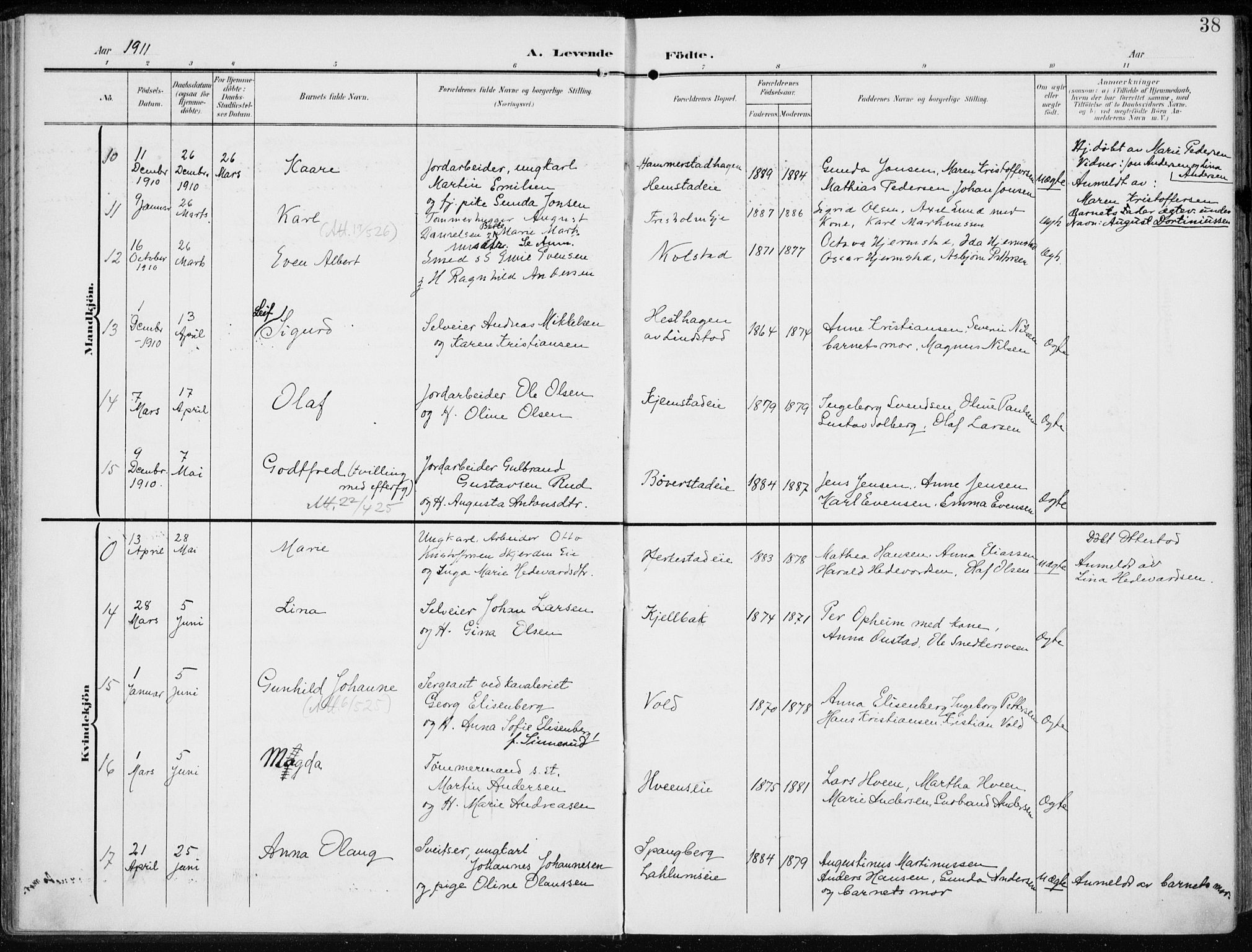 Stange prestekontor, AV/SAH-PREST-002/K/L0024: Parish register (official) no. 24, 1906-1922, p. 38